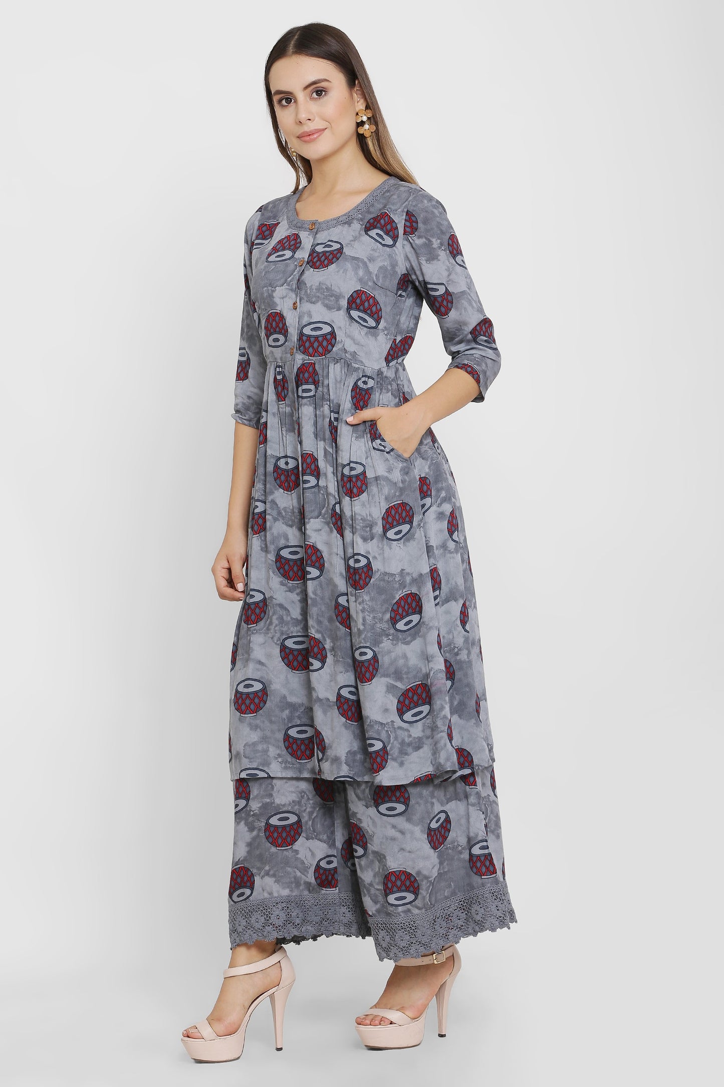 Grey Drum Print Kurta Set