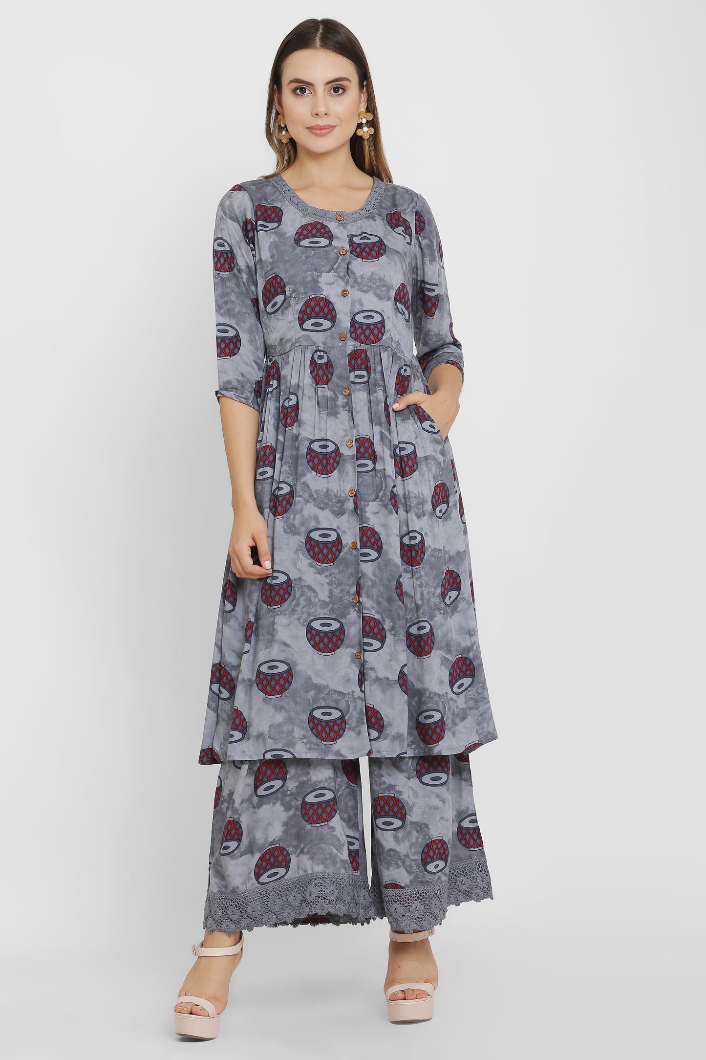 Grey Drum Print Kurta Set