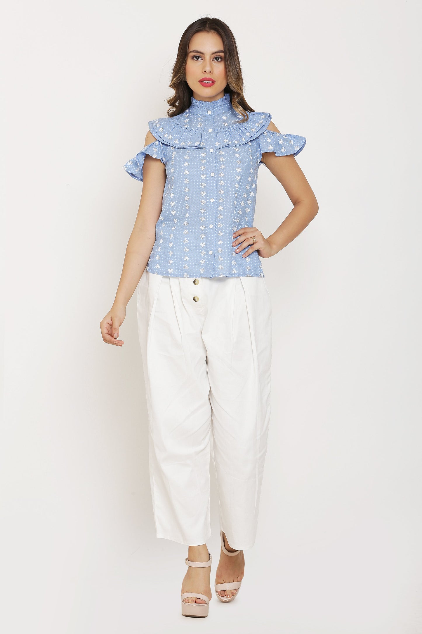 Blue and White Dot Print Top