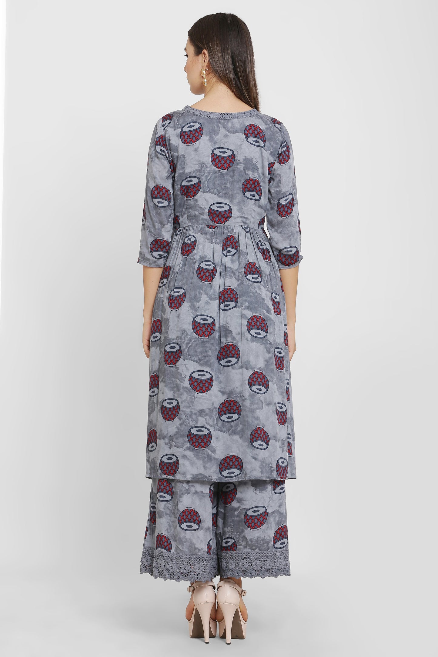 Grey Drum Print Kurta Set