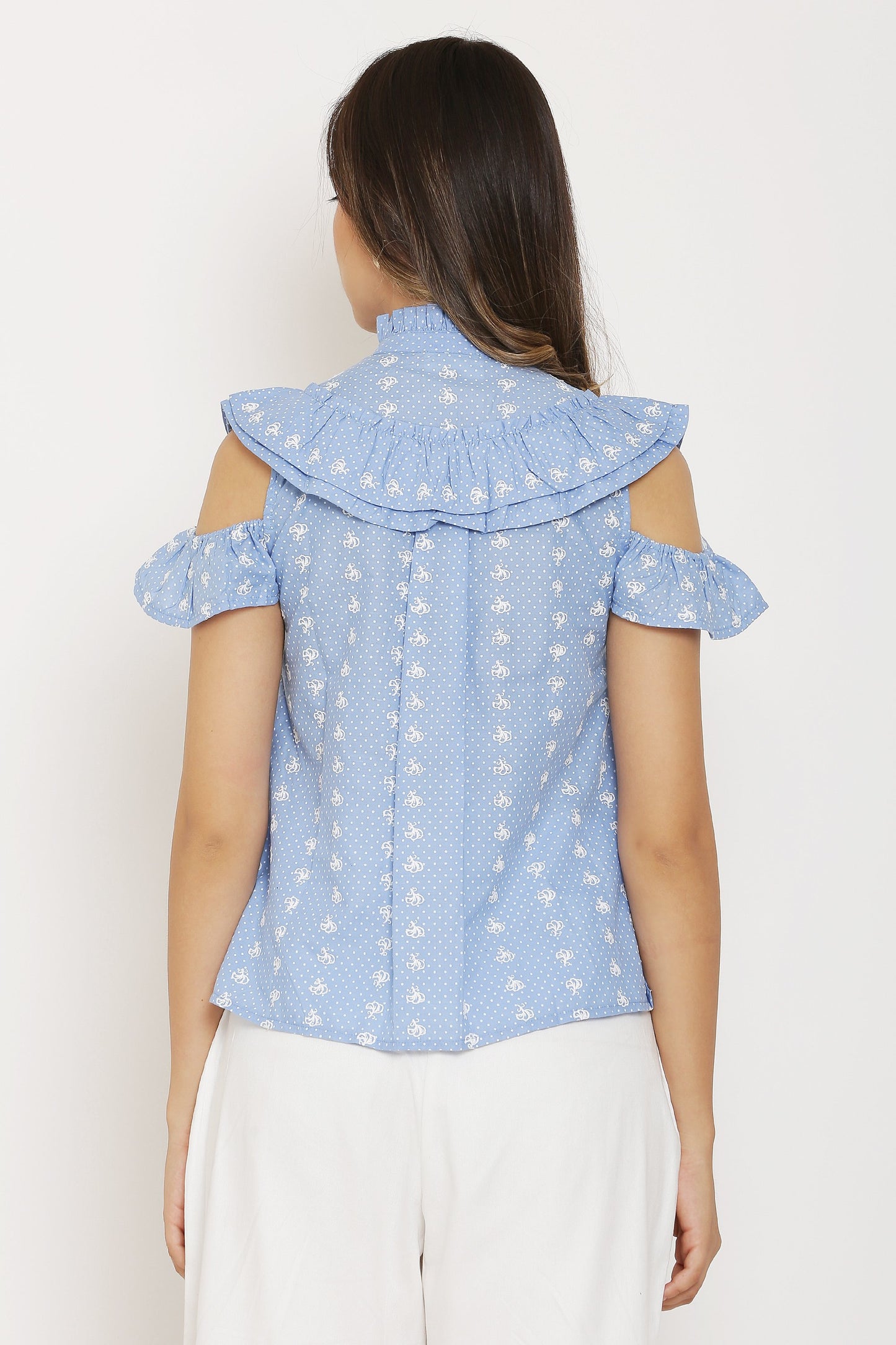 Blue and White Dot Print Top