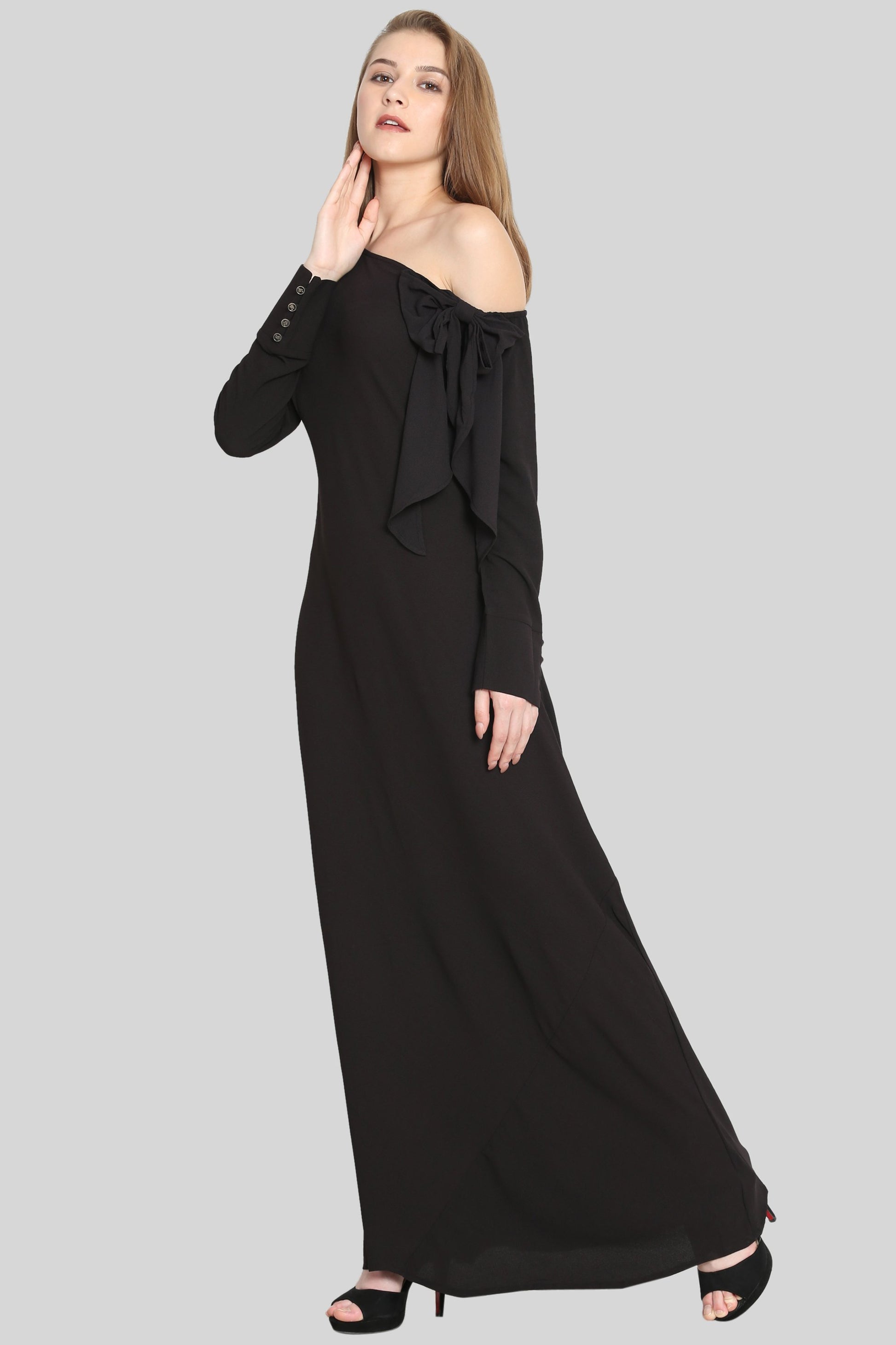 One Side Falling Shoulder Black Maxi Dress - sewandyou.com
