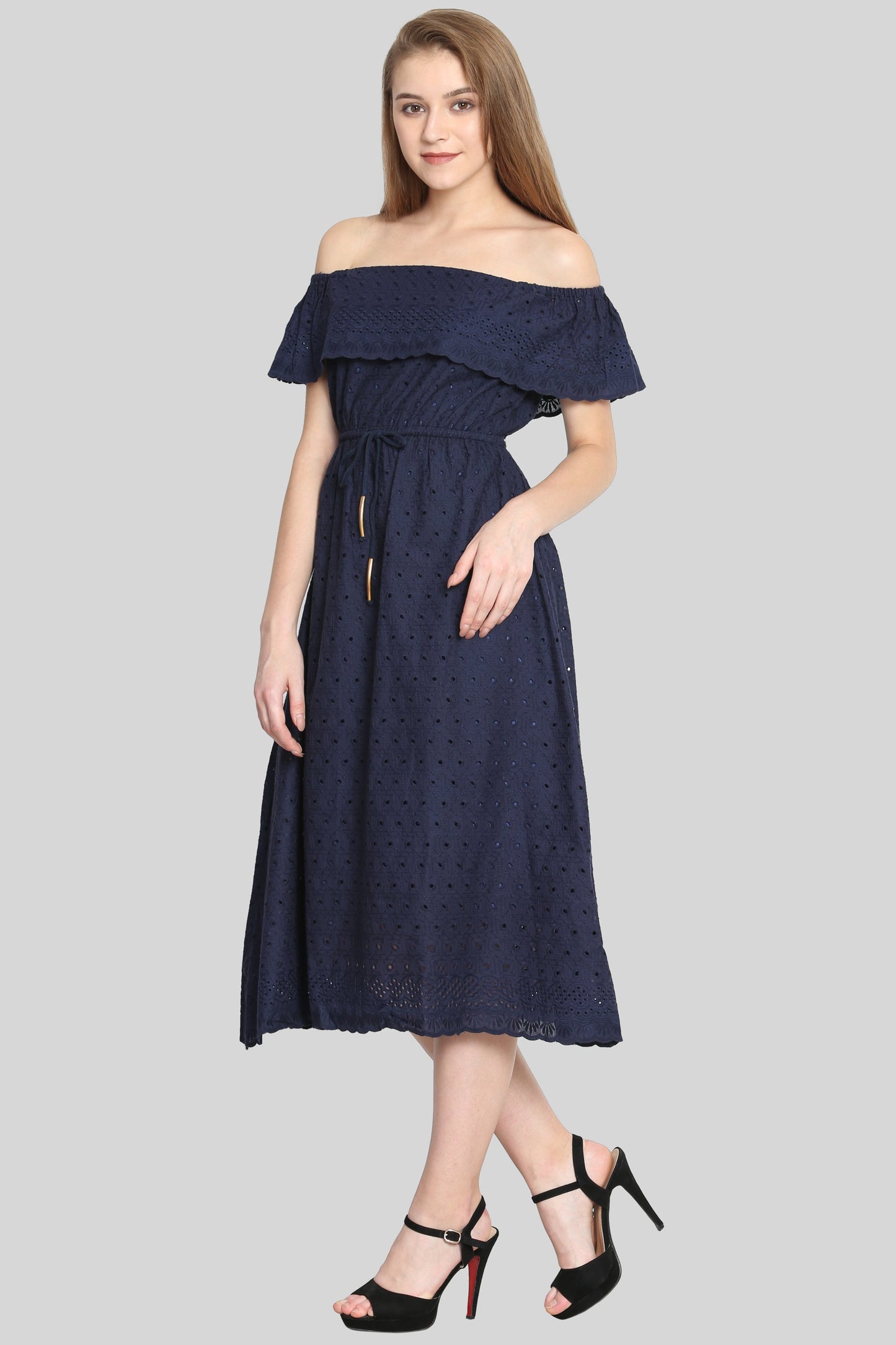 Navy Off shoulder embroidered dress