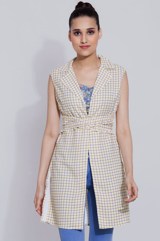 Ruffled belt Checked Trench coat