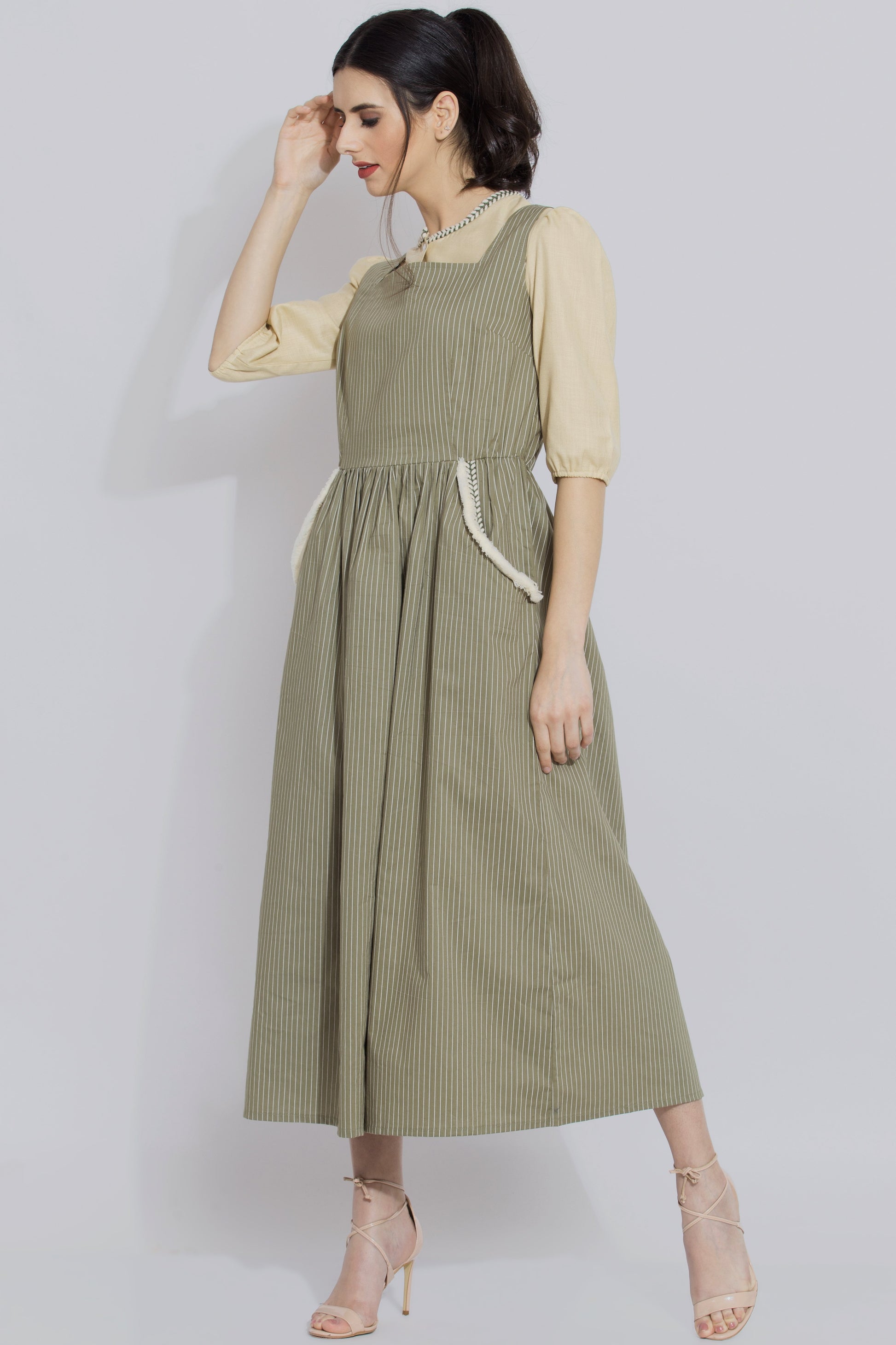 Green Stripe Pinafore Dress Set For Women - sewandyou.com