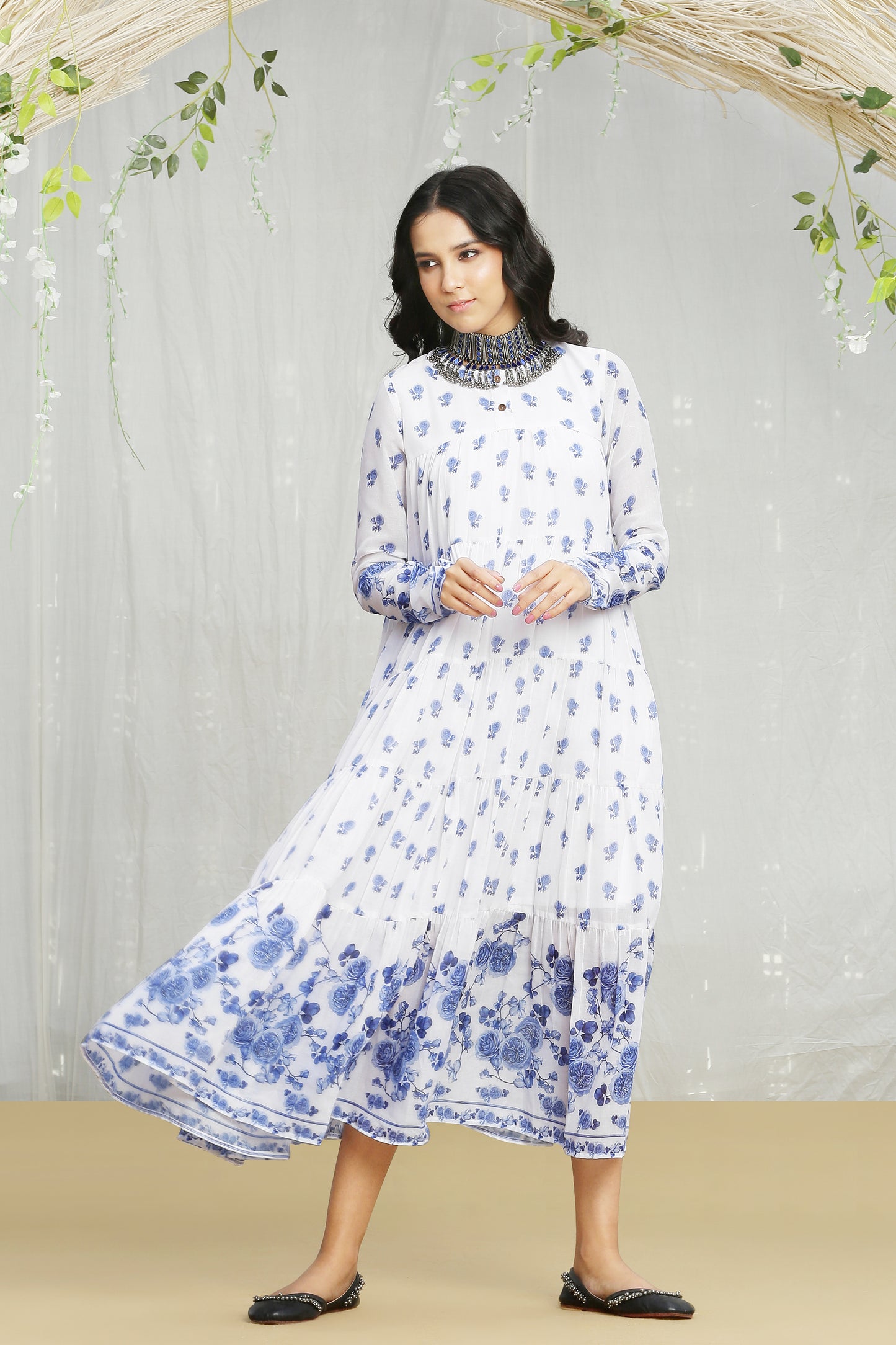 White and Blue Printed Tiered Dress