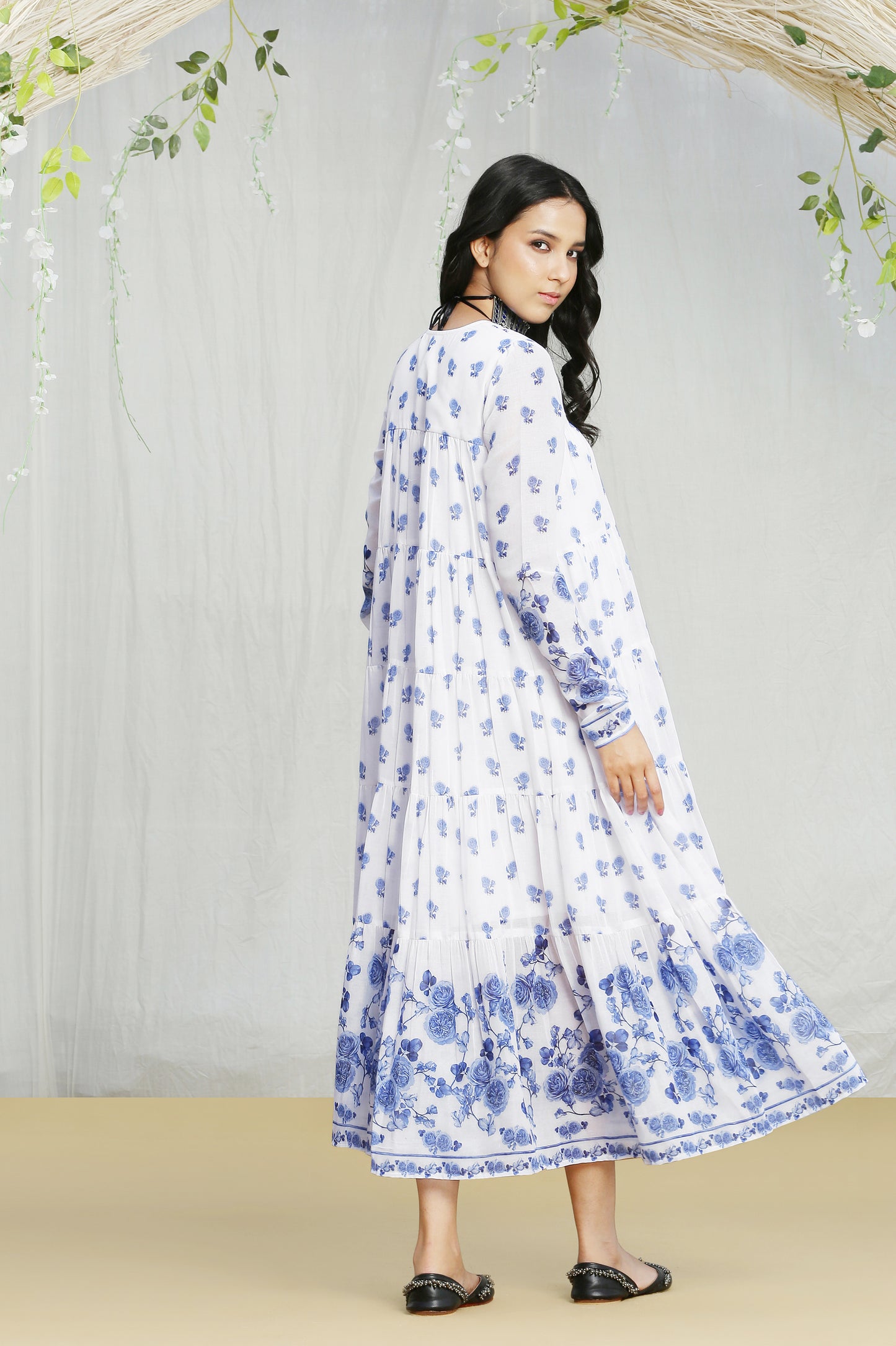 White and Blue Printed Tiered Dress