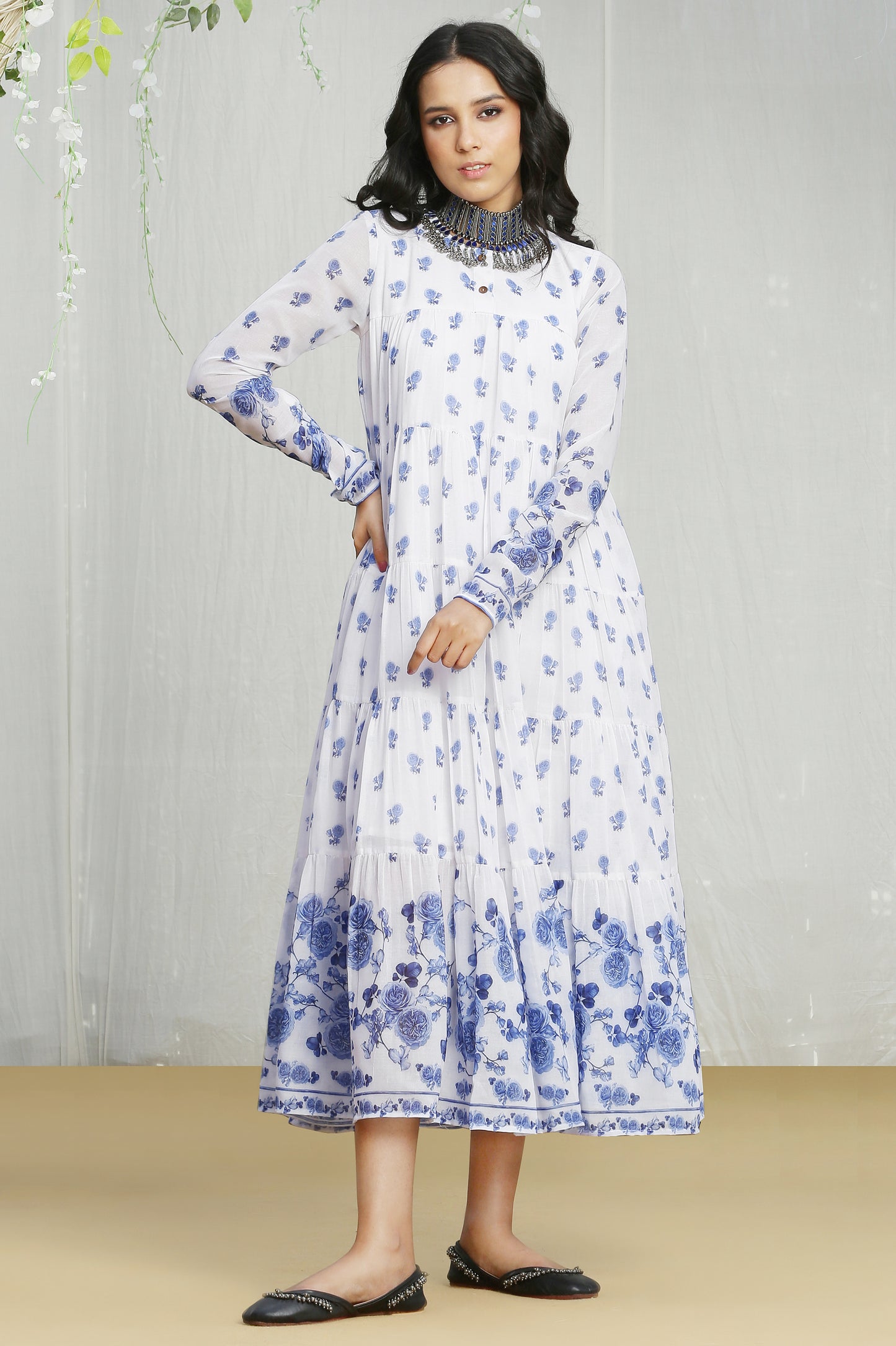 White and Blue Printed Tiered Dress