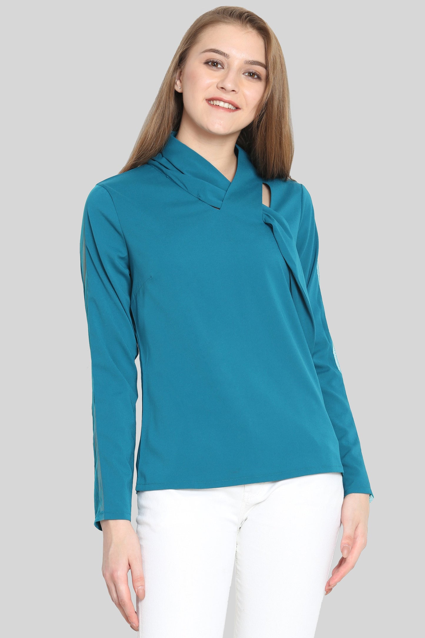 Teal tie Top with mesh sleeves
