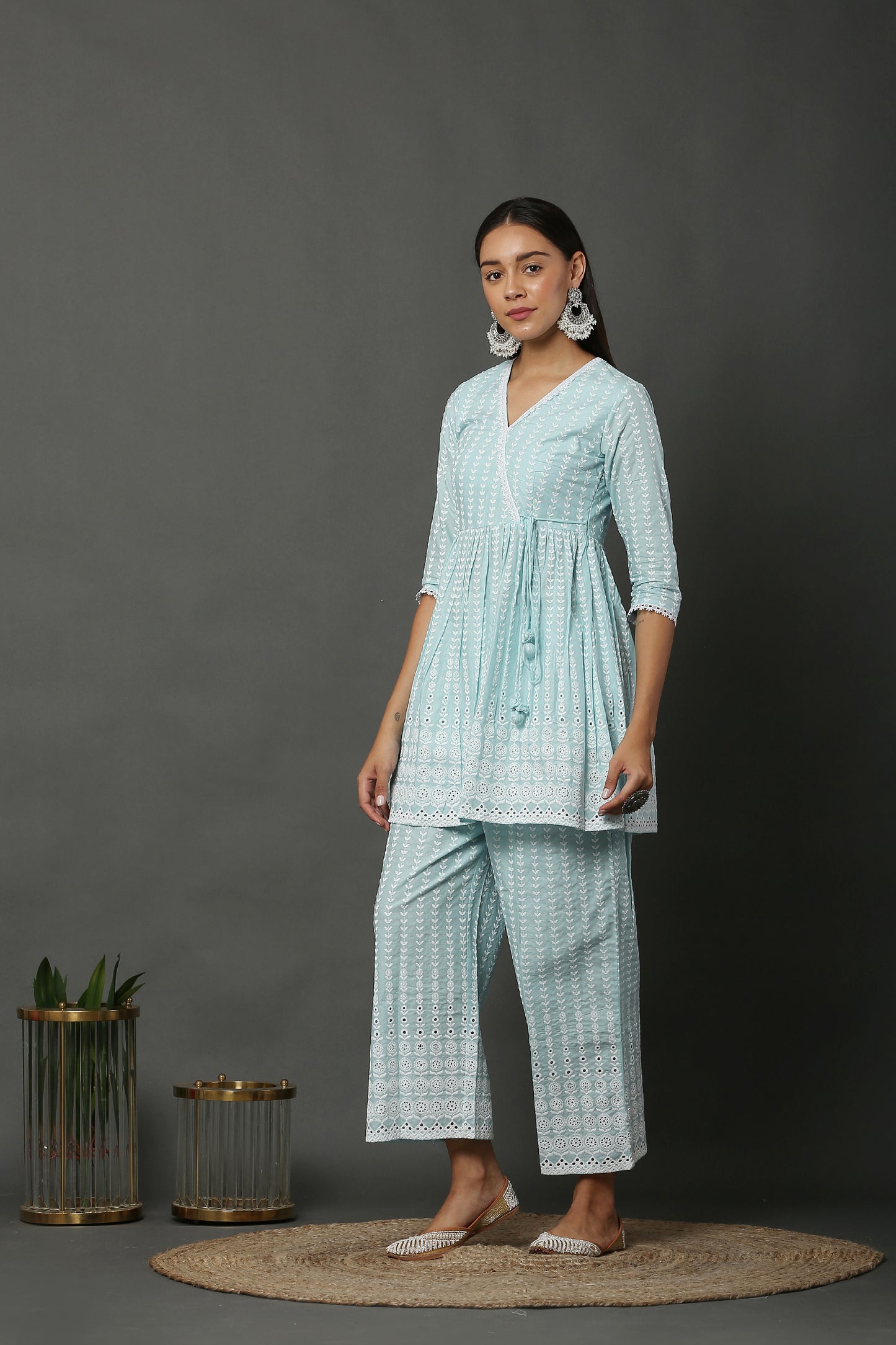 Aqua Short Cotton Chikankari Kurta Set