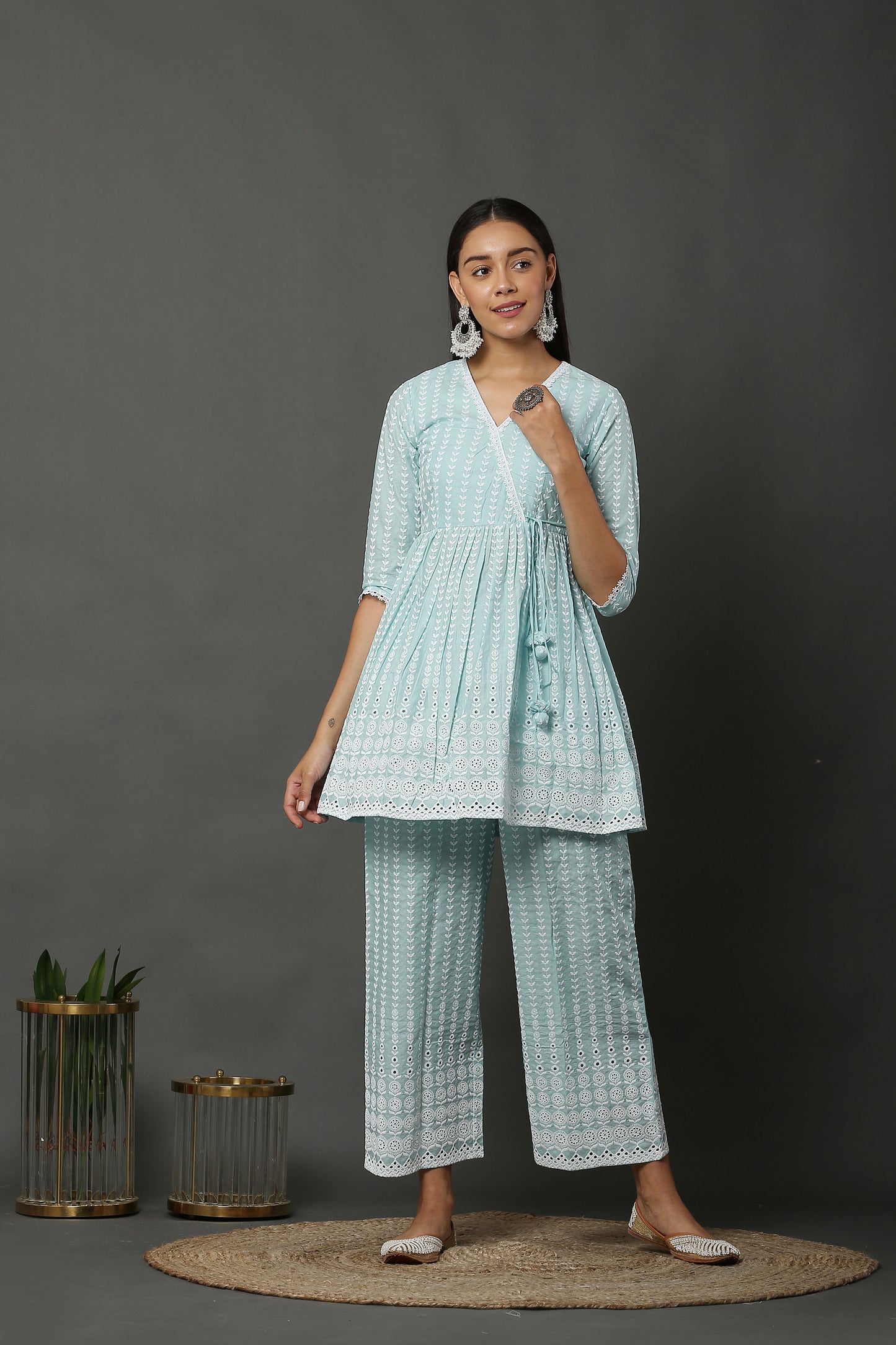 Aqua Short Cotton Chikankari Kurta Set