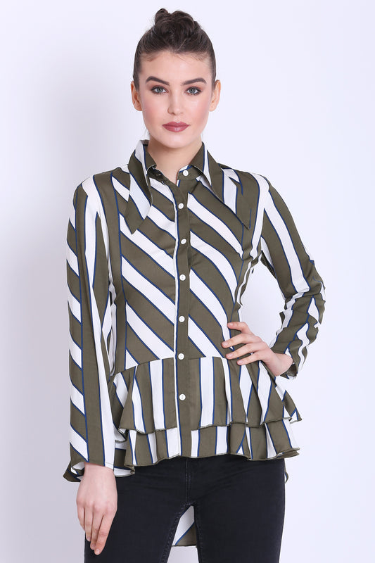 Olive green and White Stripe Long Shirt