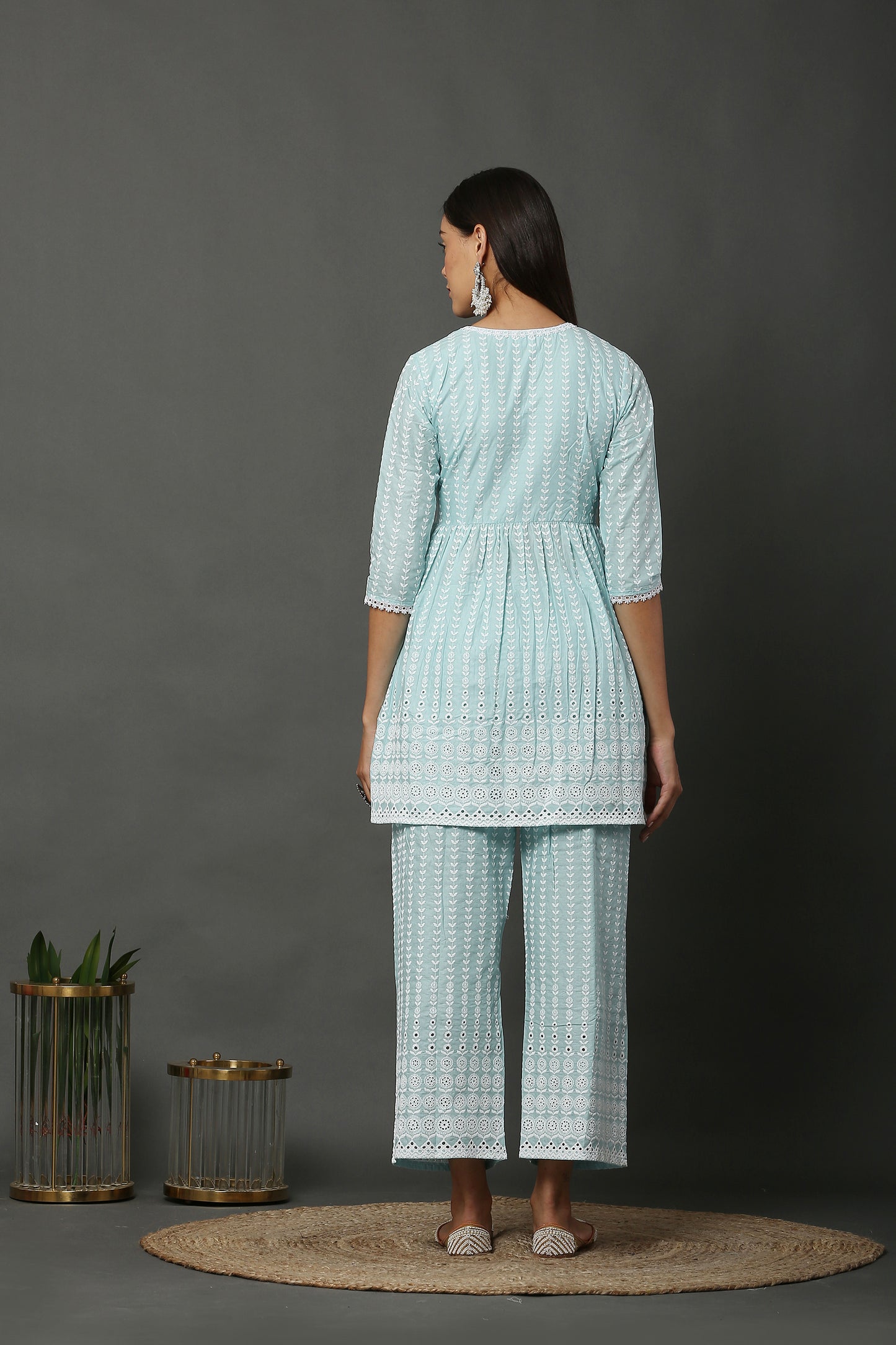 Aqua Short Cotton Chikankari Kurta Set