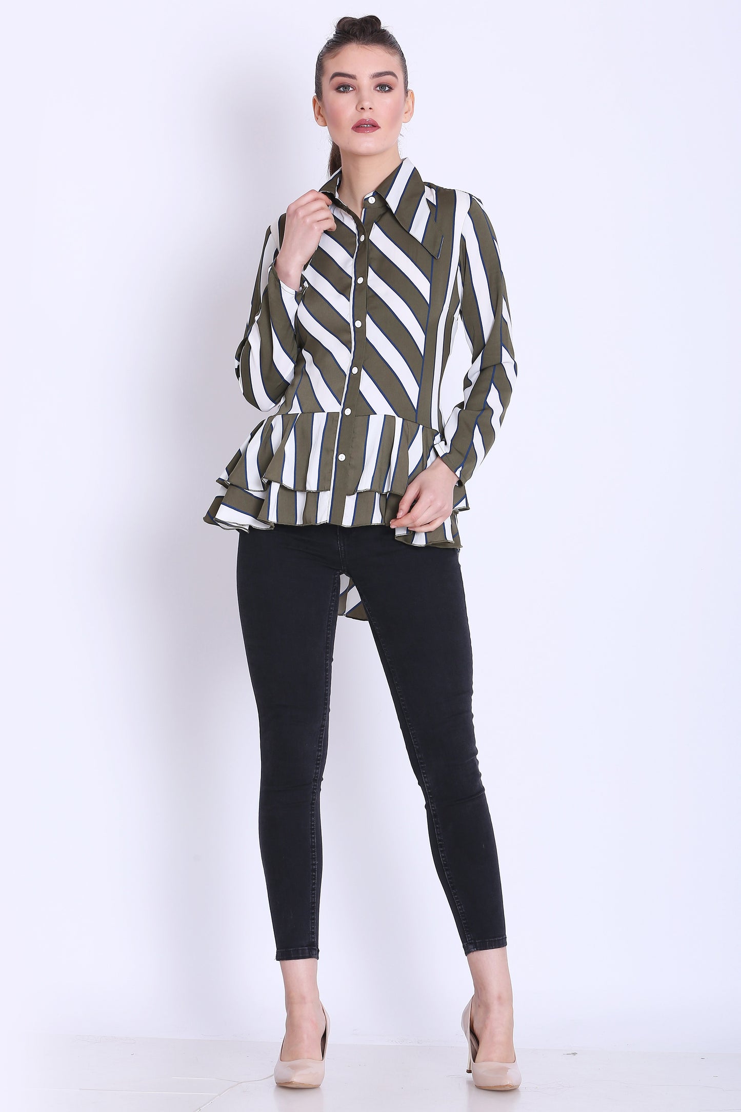Olive green and White Stripe Long Shirt