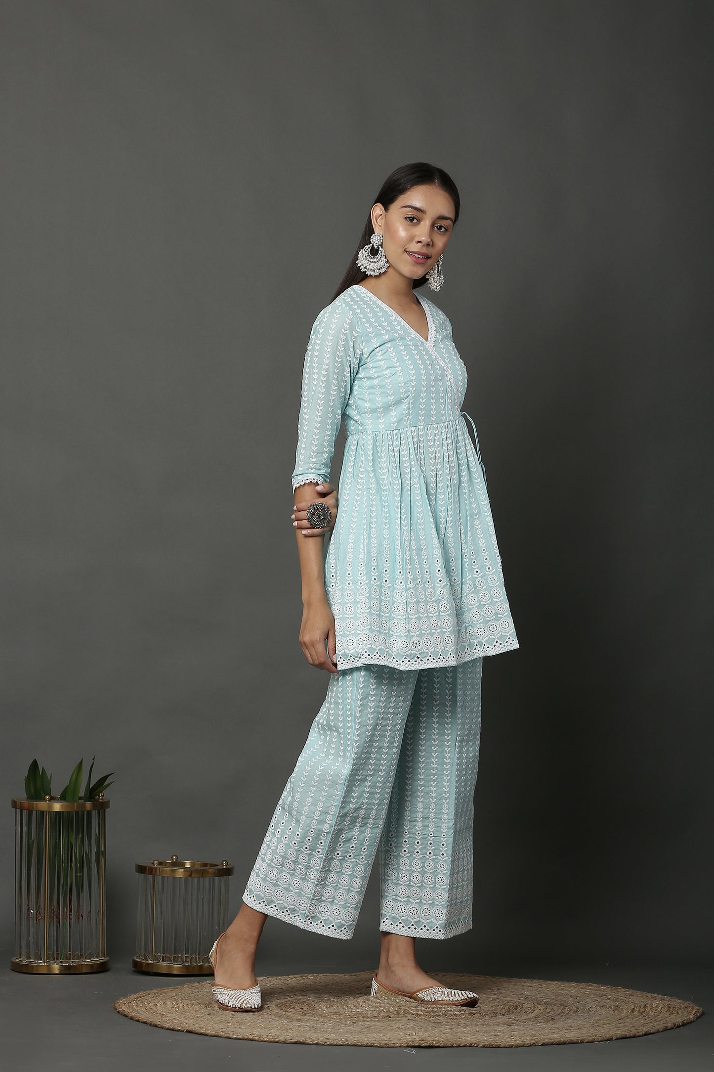 Aqua Short Cotton Chikankari Kurta Set