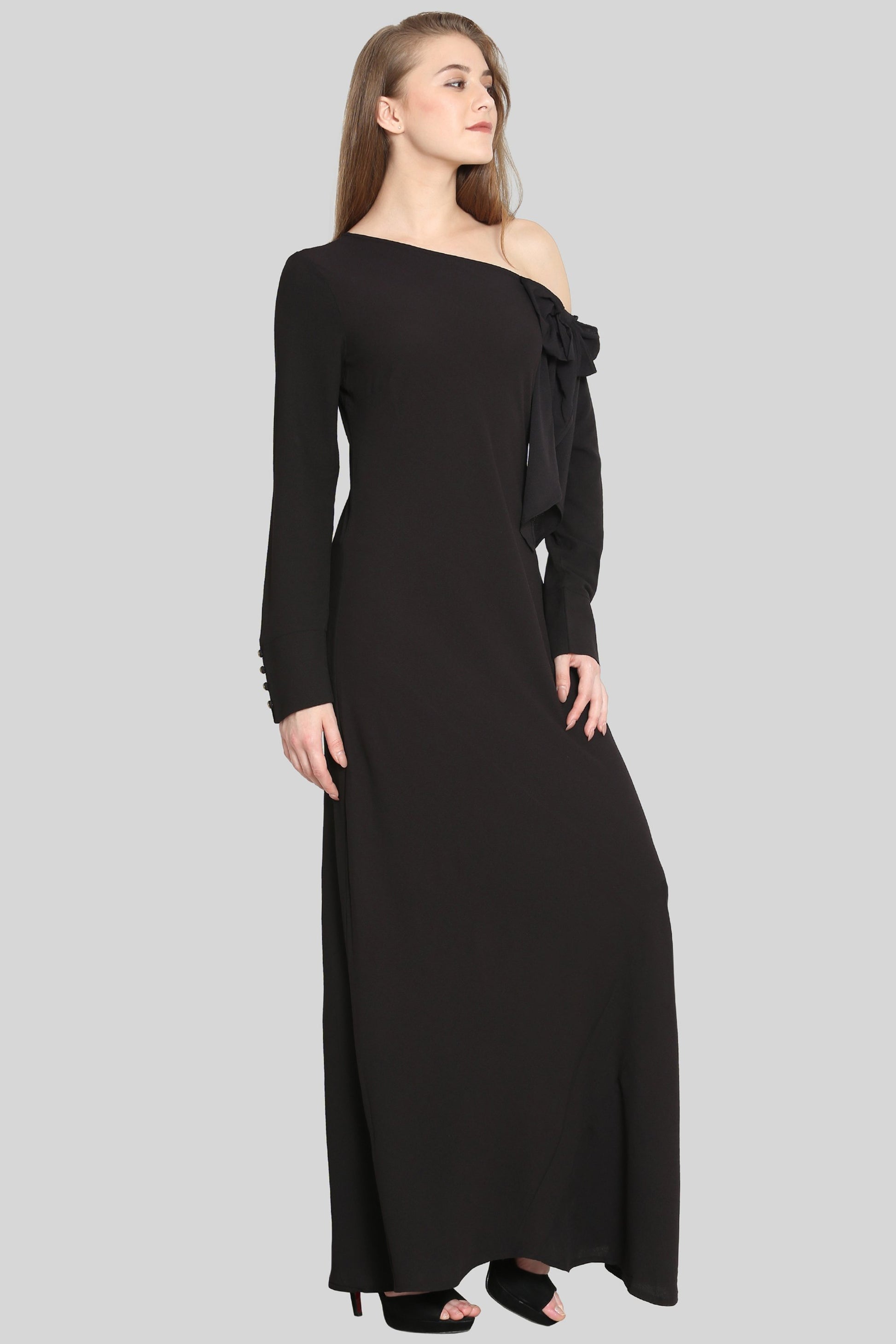 One Side Falling Shoulder Black Maxi Dress - sewandyou.com