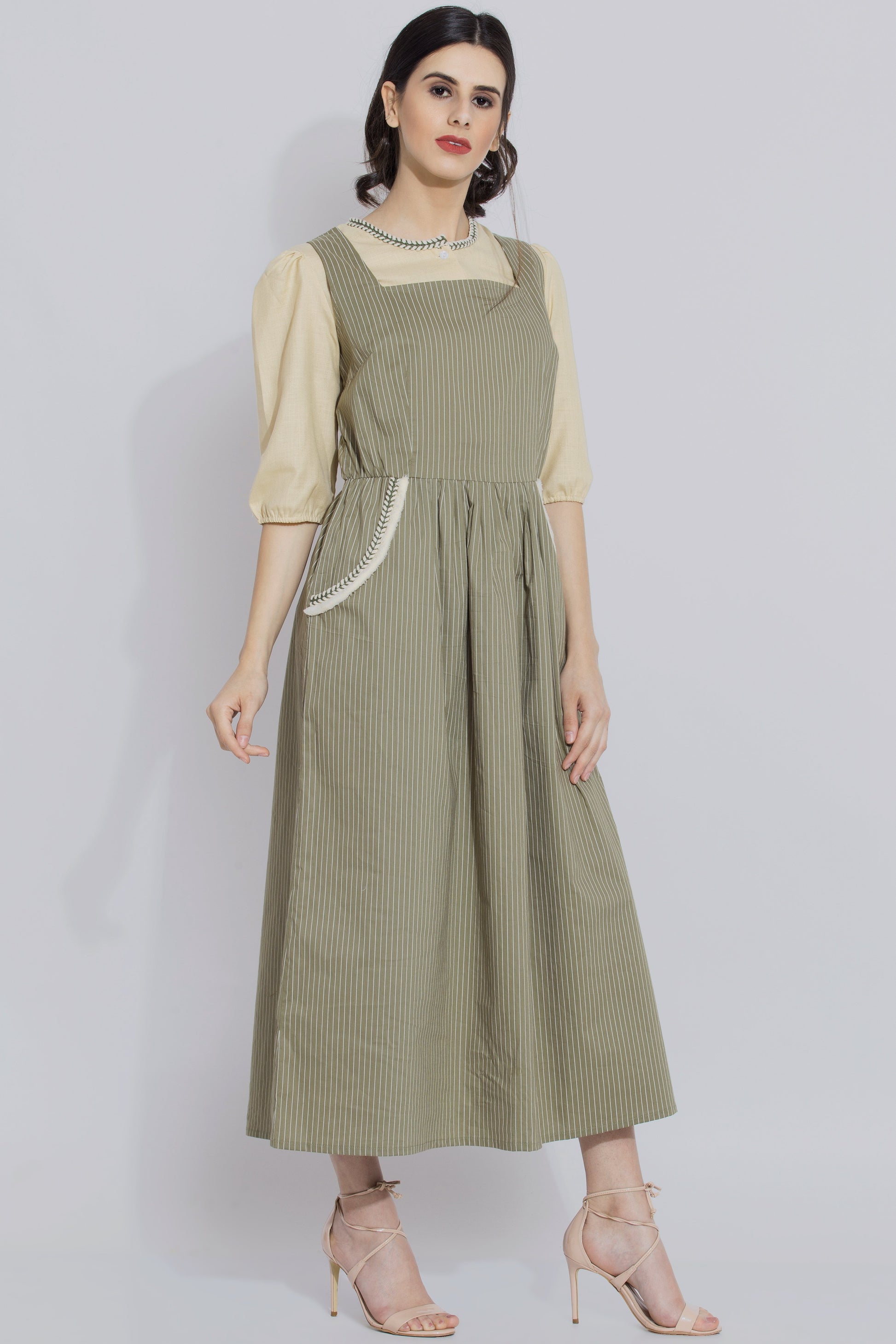 Green Color Stripe Pinafore Dress Set For Girls - sewandyou.com