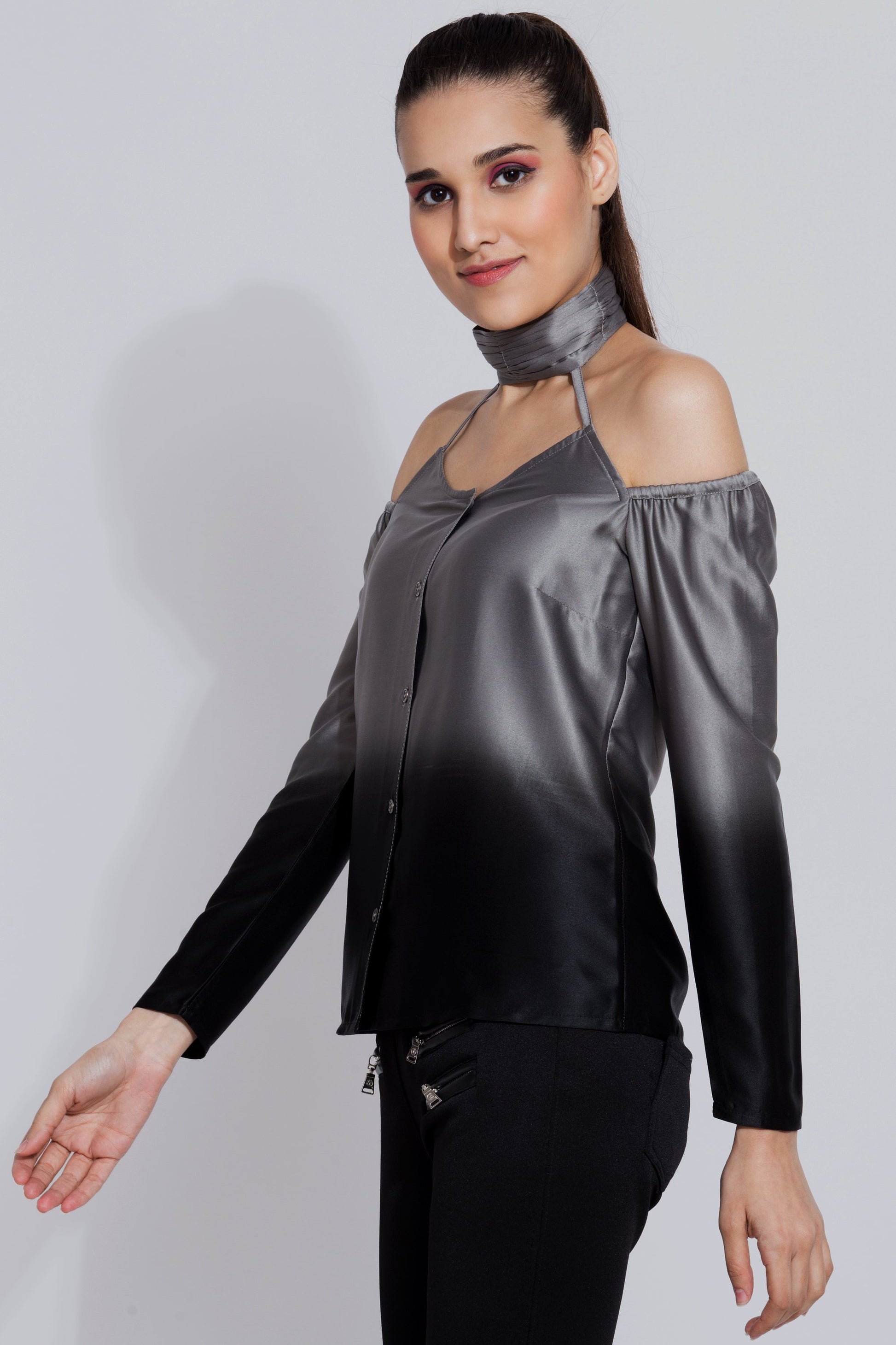 Grey and Black Ombre High Neck Halter Top For Women - sewandyou.com