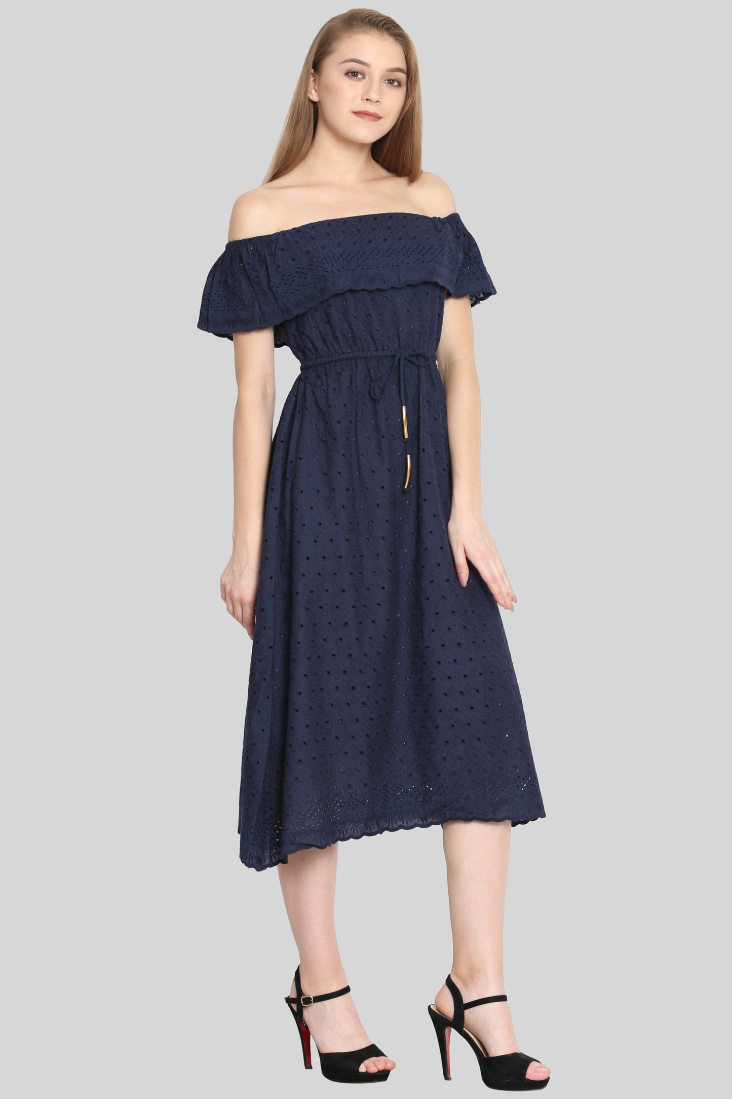 Navy Off shoulder embroidered dress