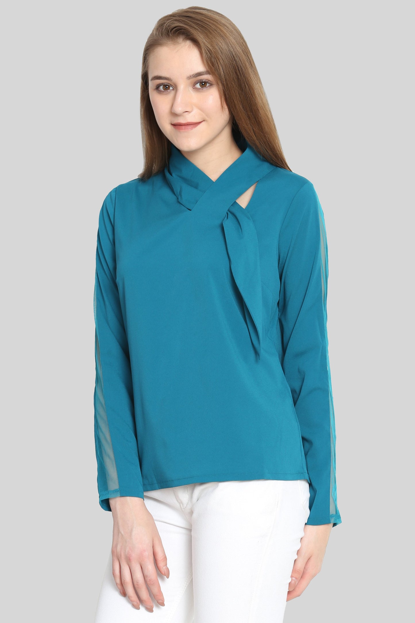 Teal tie Top with mesh sleeves