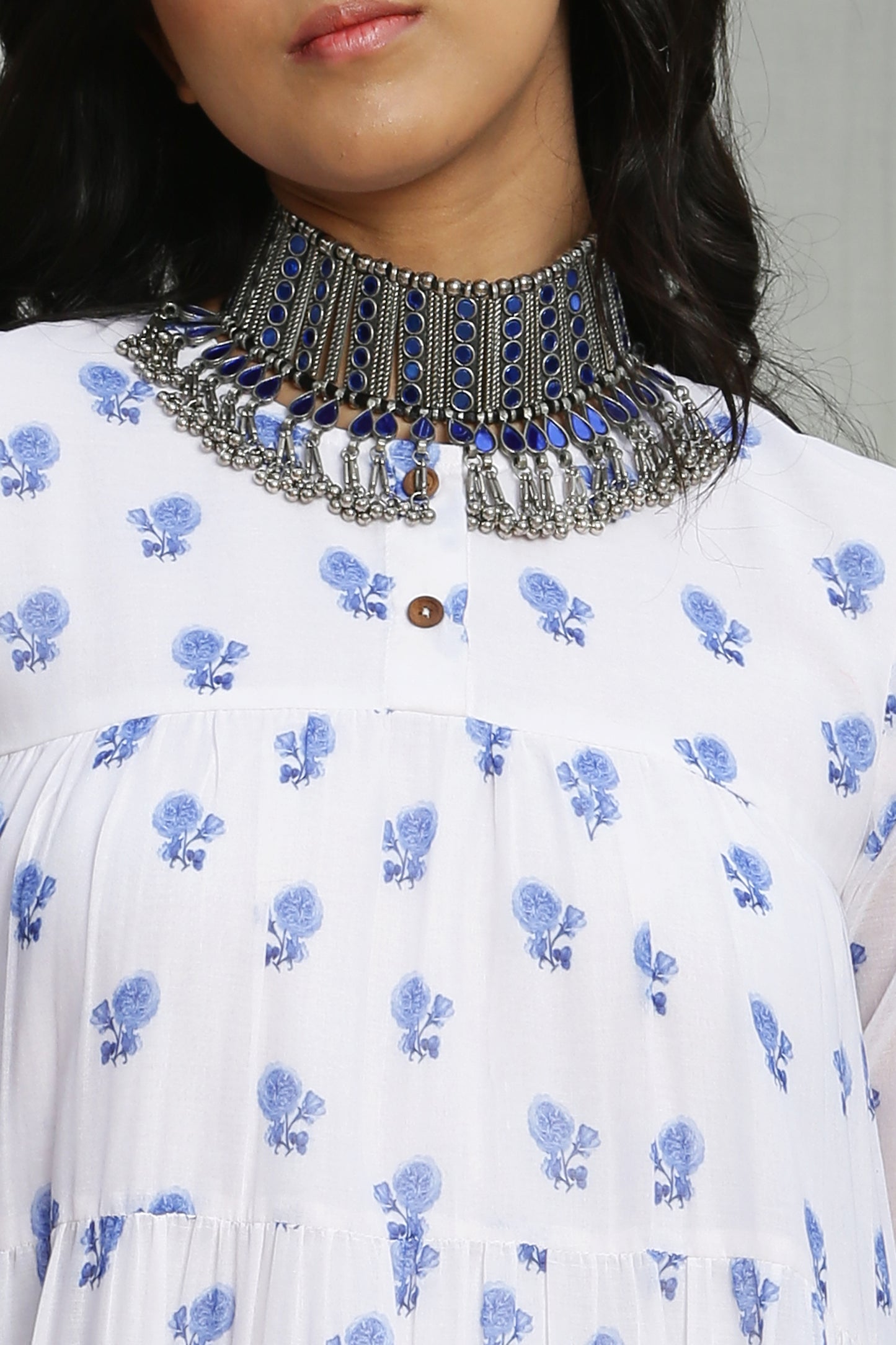 White and Blue Printed Tiered Dress