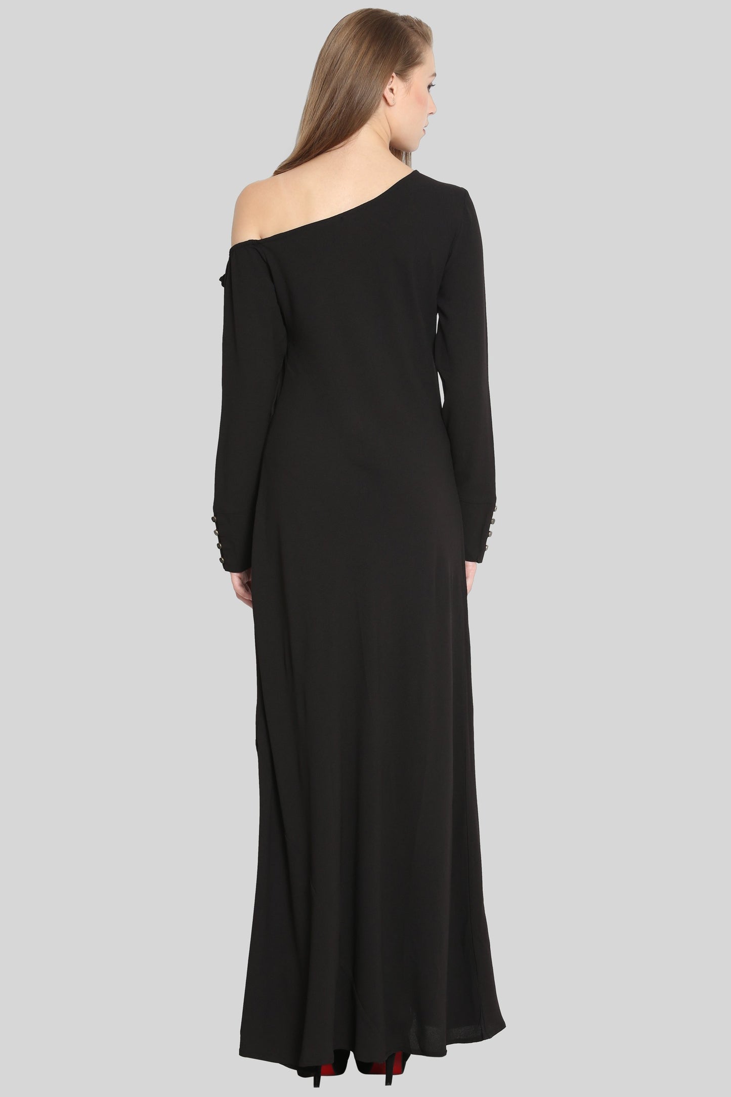 One Side Falling Shoulder Black Maxi Dress