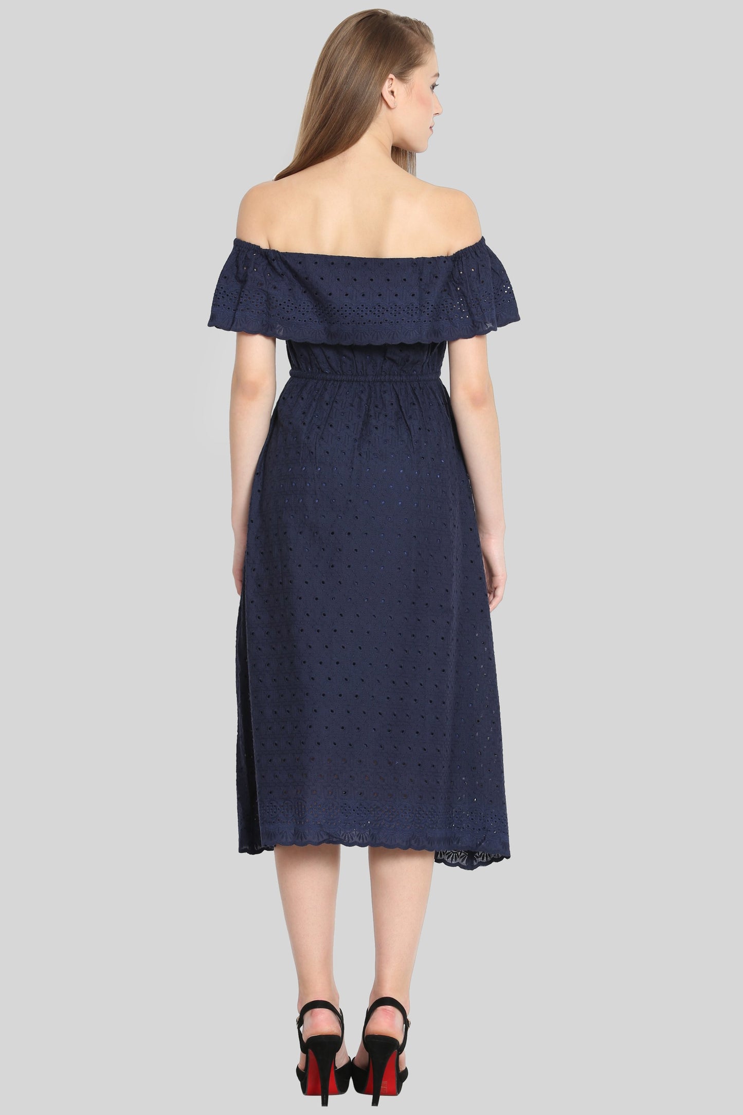 Navy Off shoulder embroidered dress