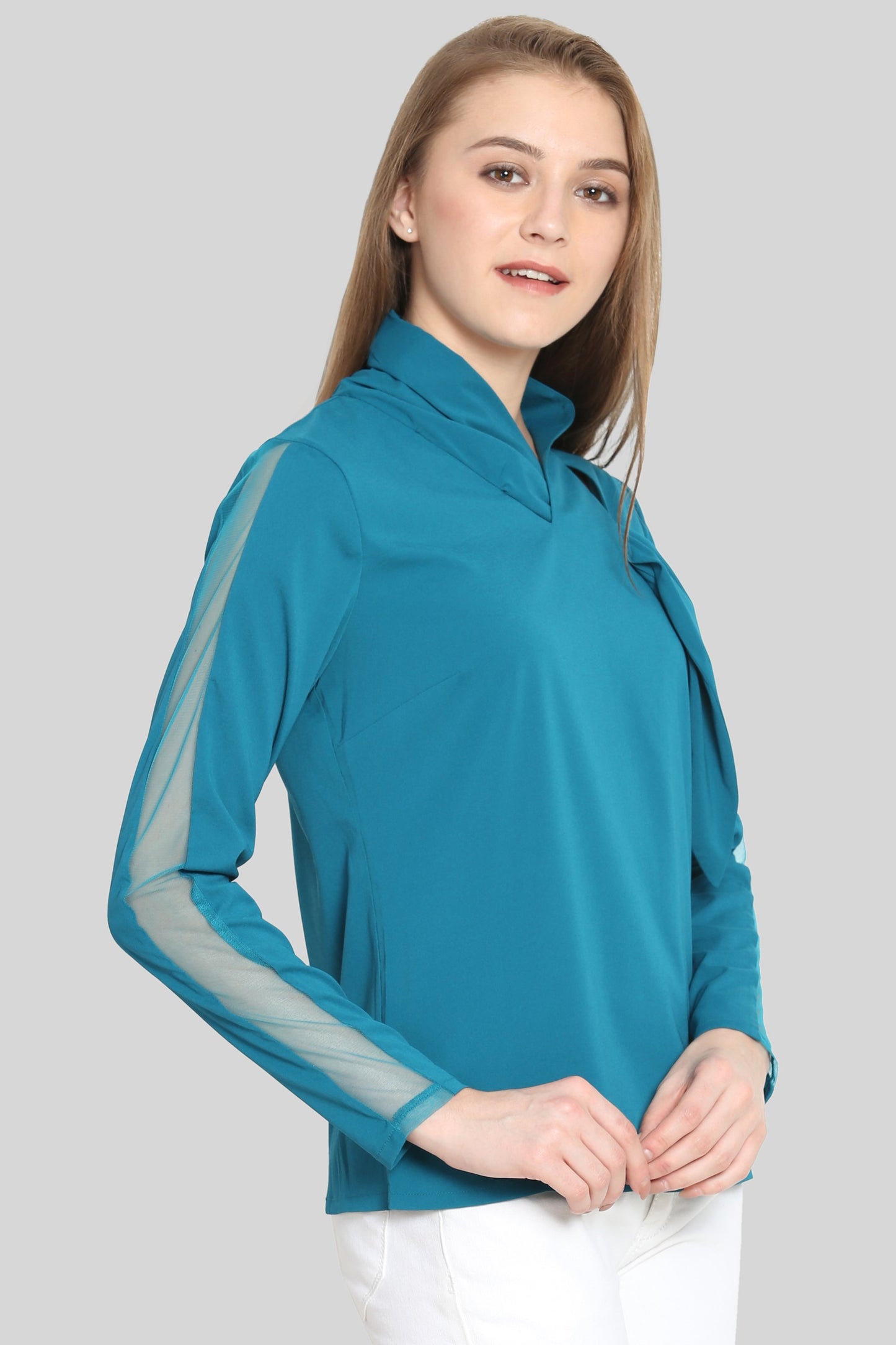 Teal tie Top with mesh sleeves