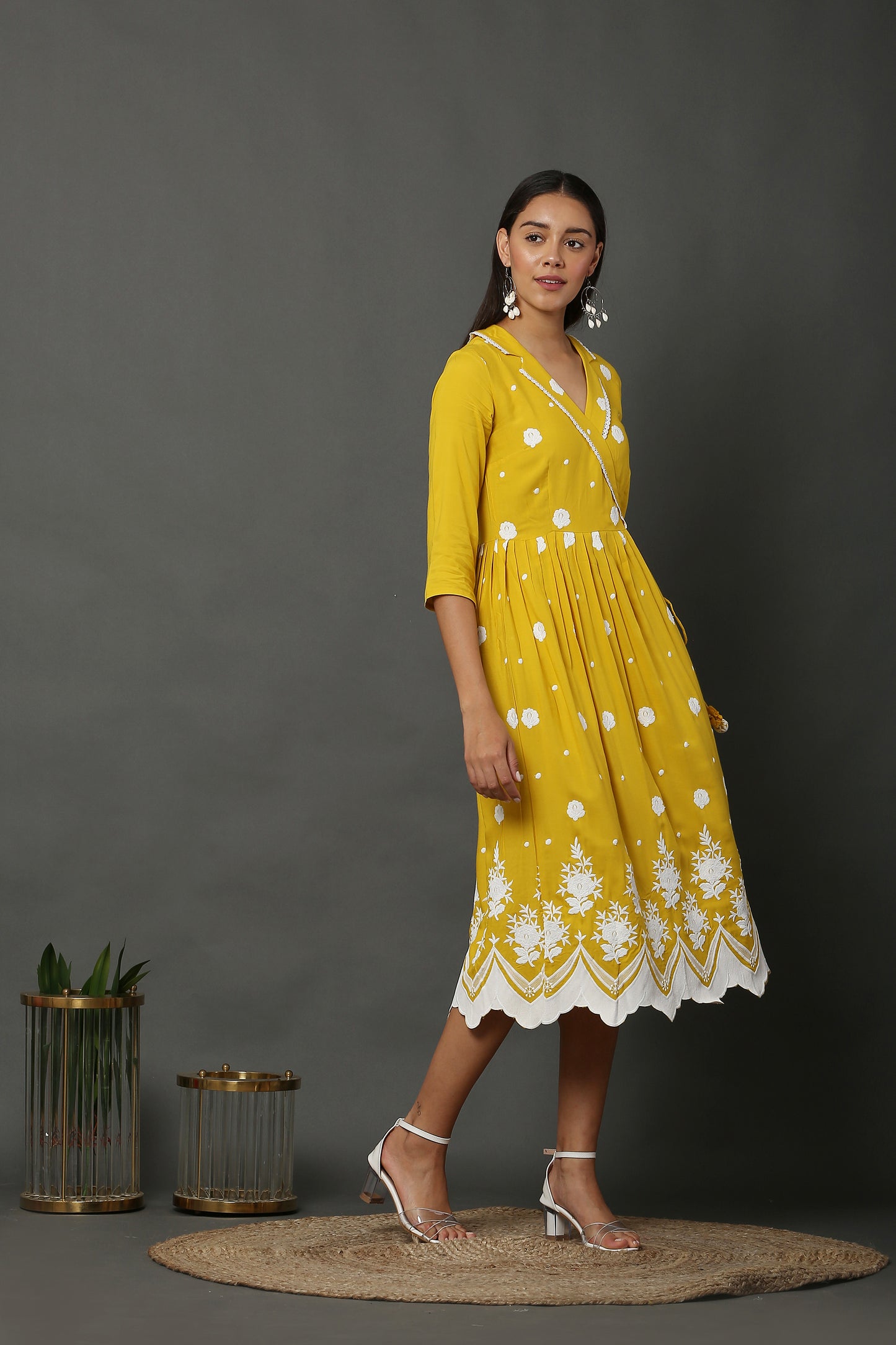 Bright Yellow Embroidered Midi Dress