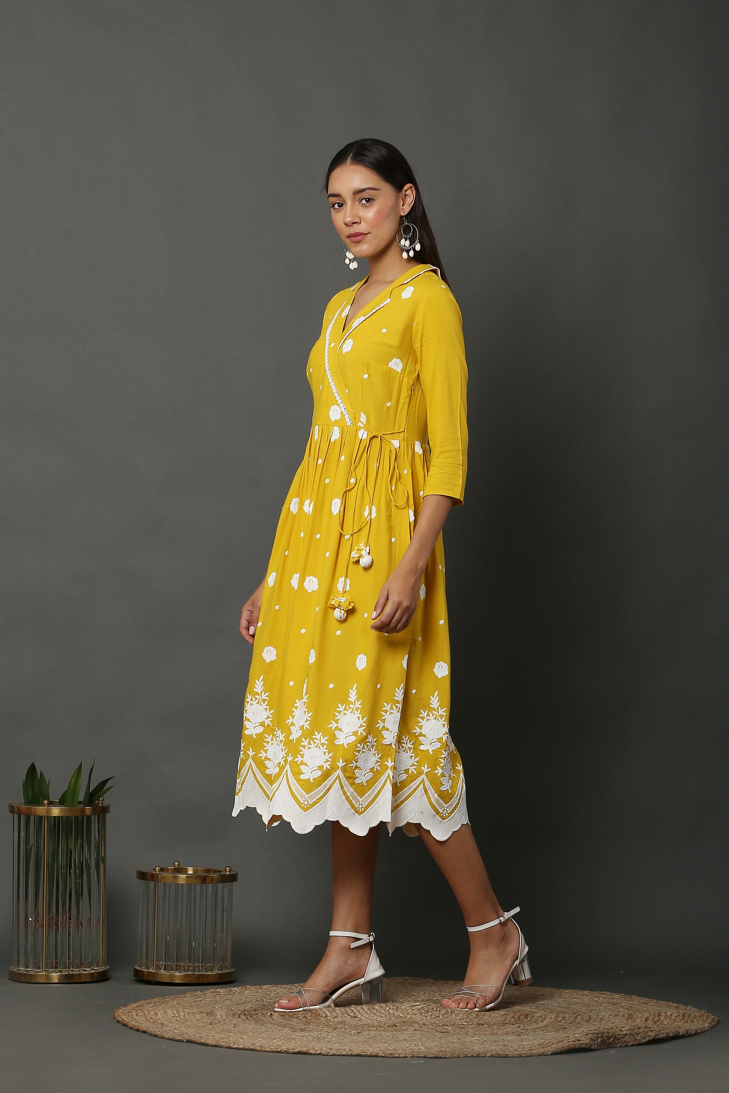 Bright Yellow Embroidered Midi Dress