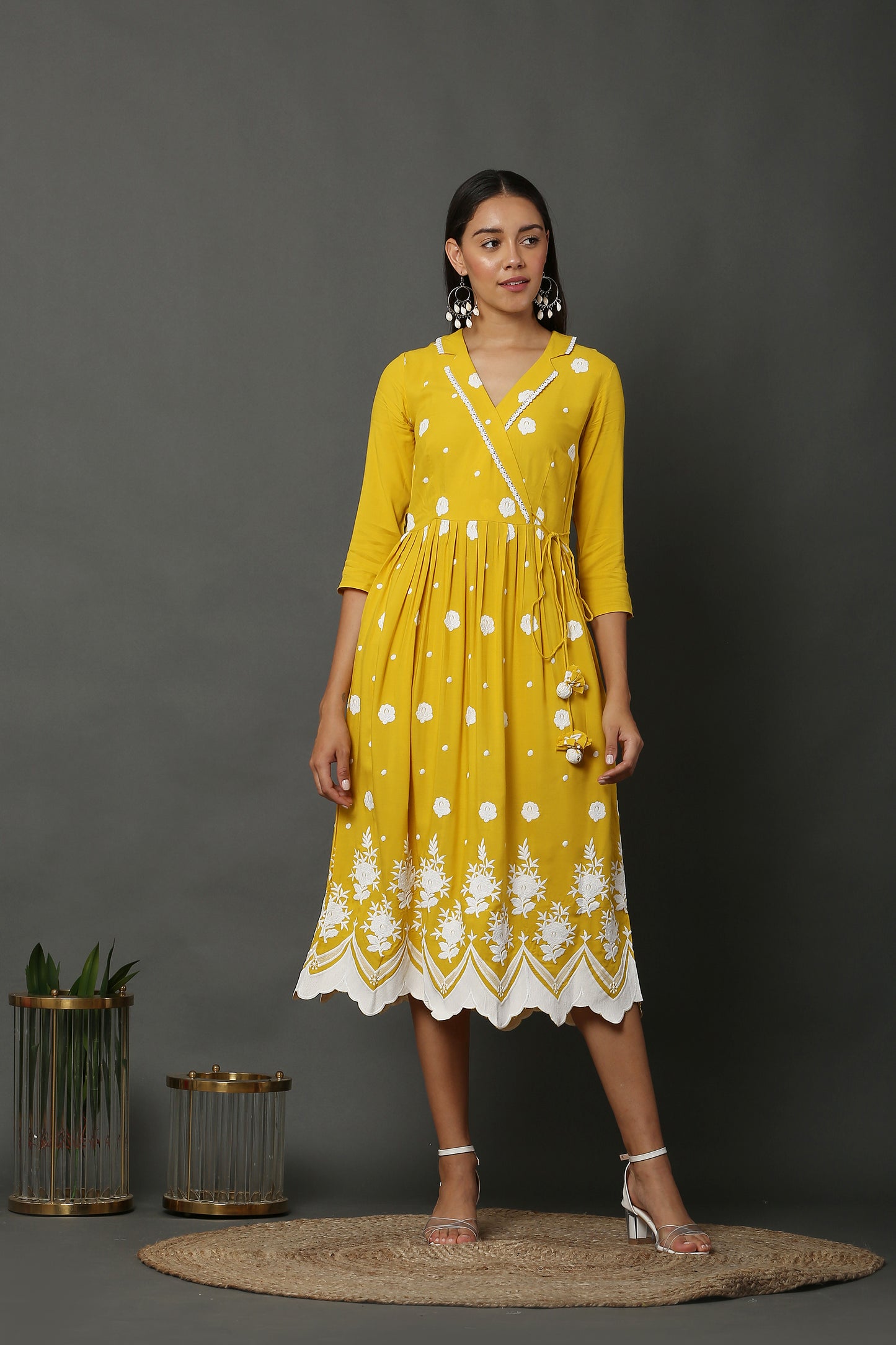 Bright Yellow Embroidered Midi Dress