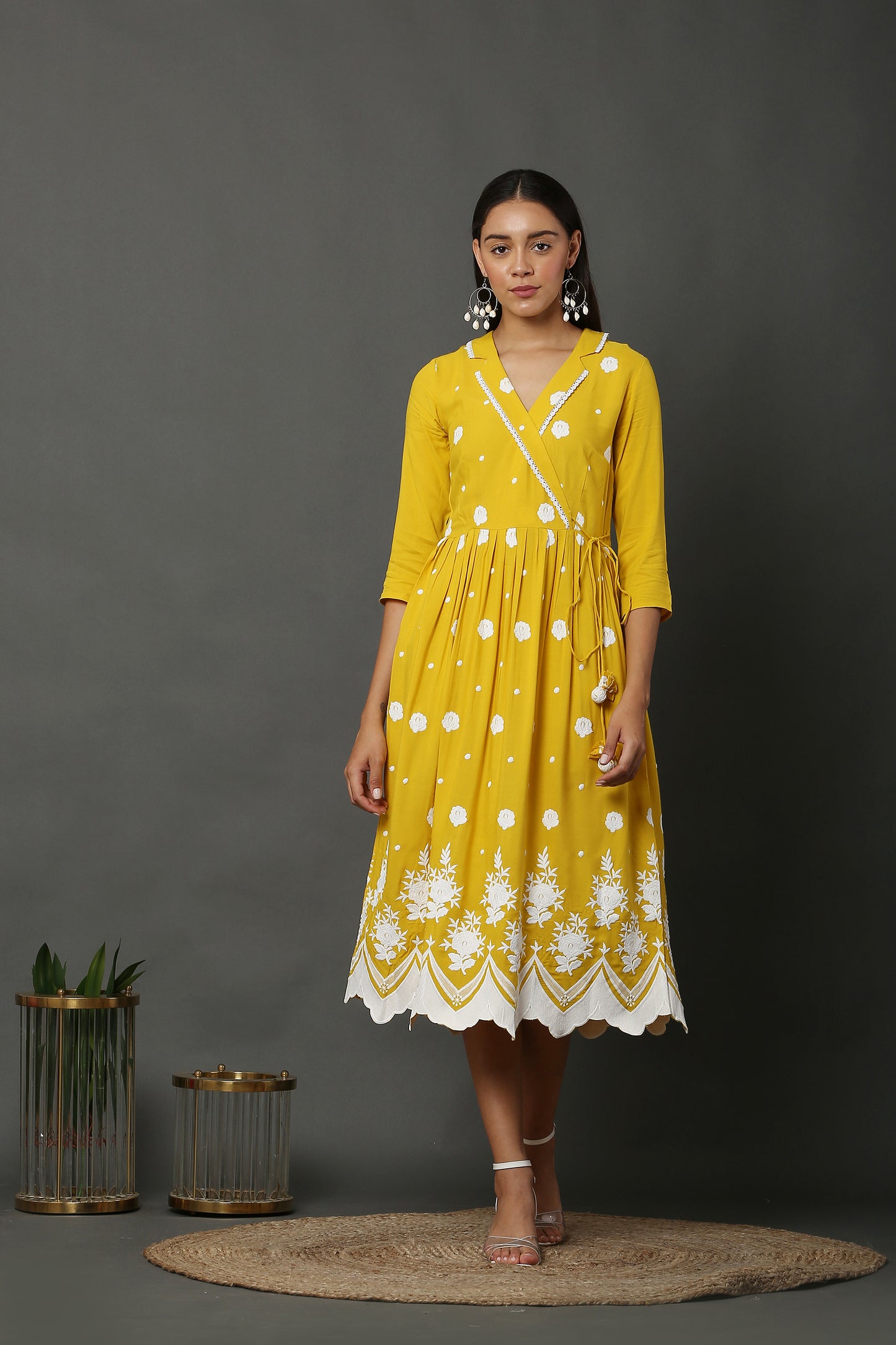 Bright Yellow Embroidered Midi Dress