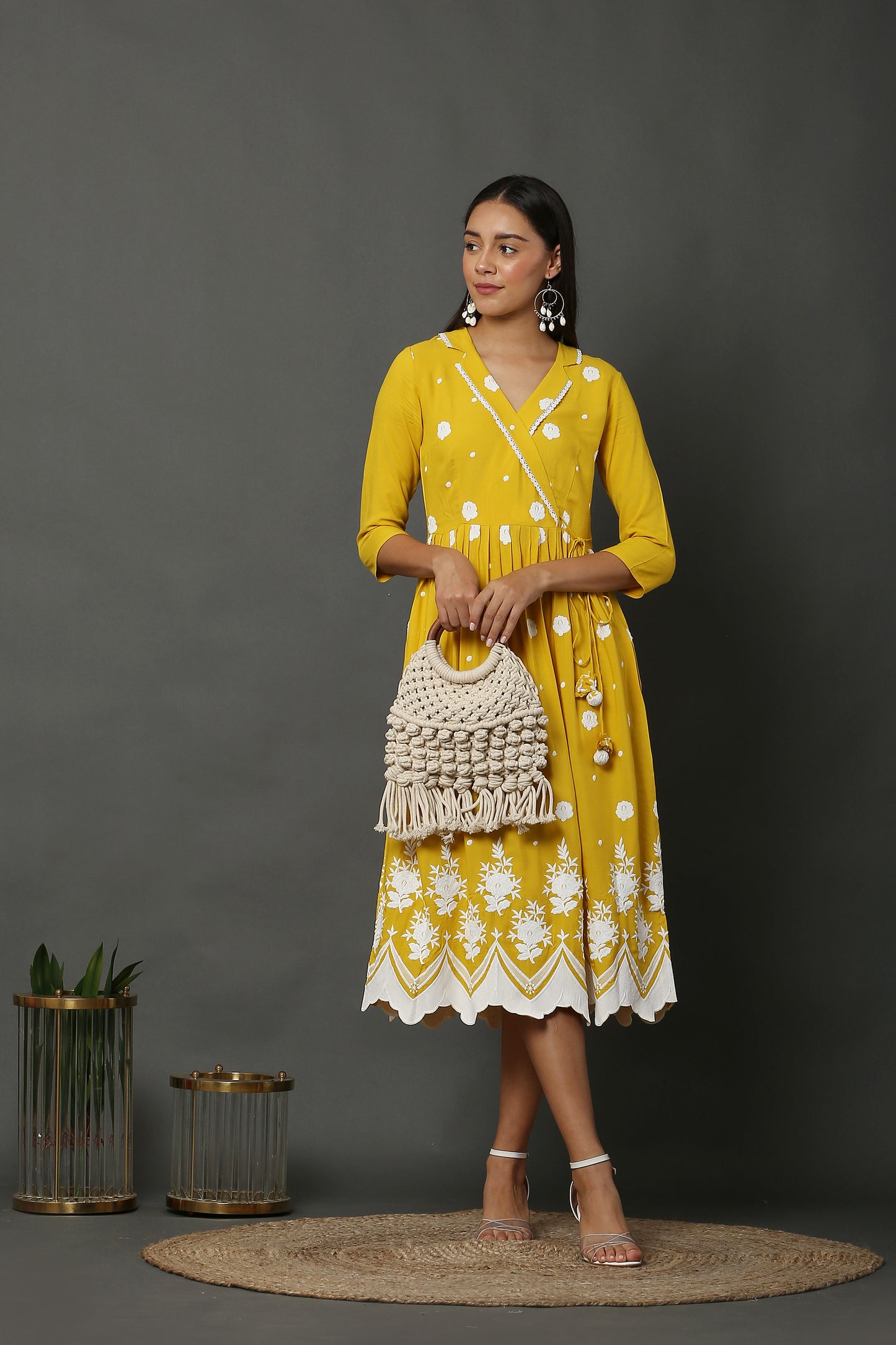 Bright Yellow Embroidered Midi Dress