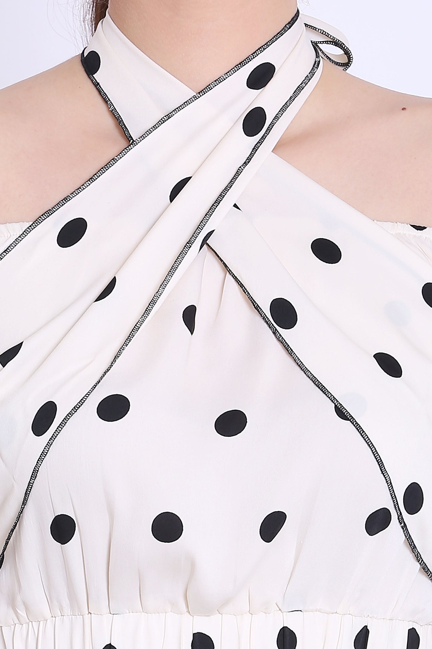 White Polka Crop Top and Black Pants Co ord Set