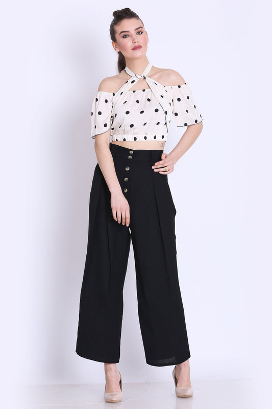 White Polka Crop Top and Black Pants Co ord Set
