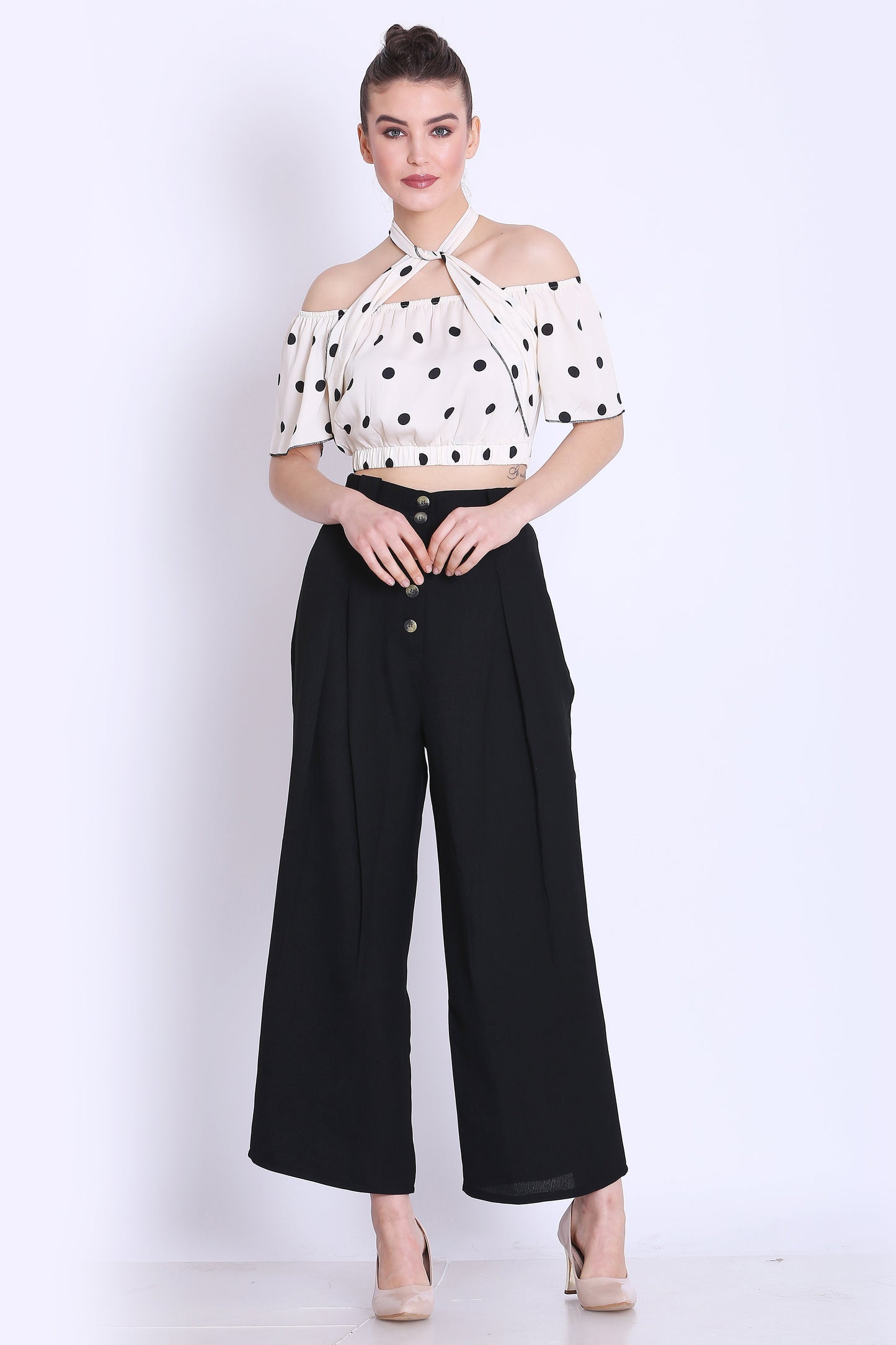 White Polka Crop Top and Black Pants Co ord Set