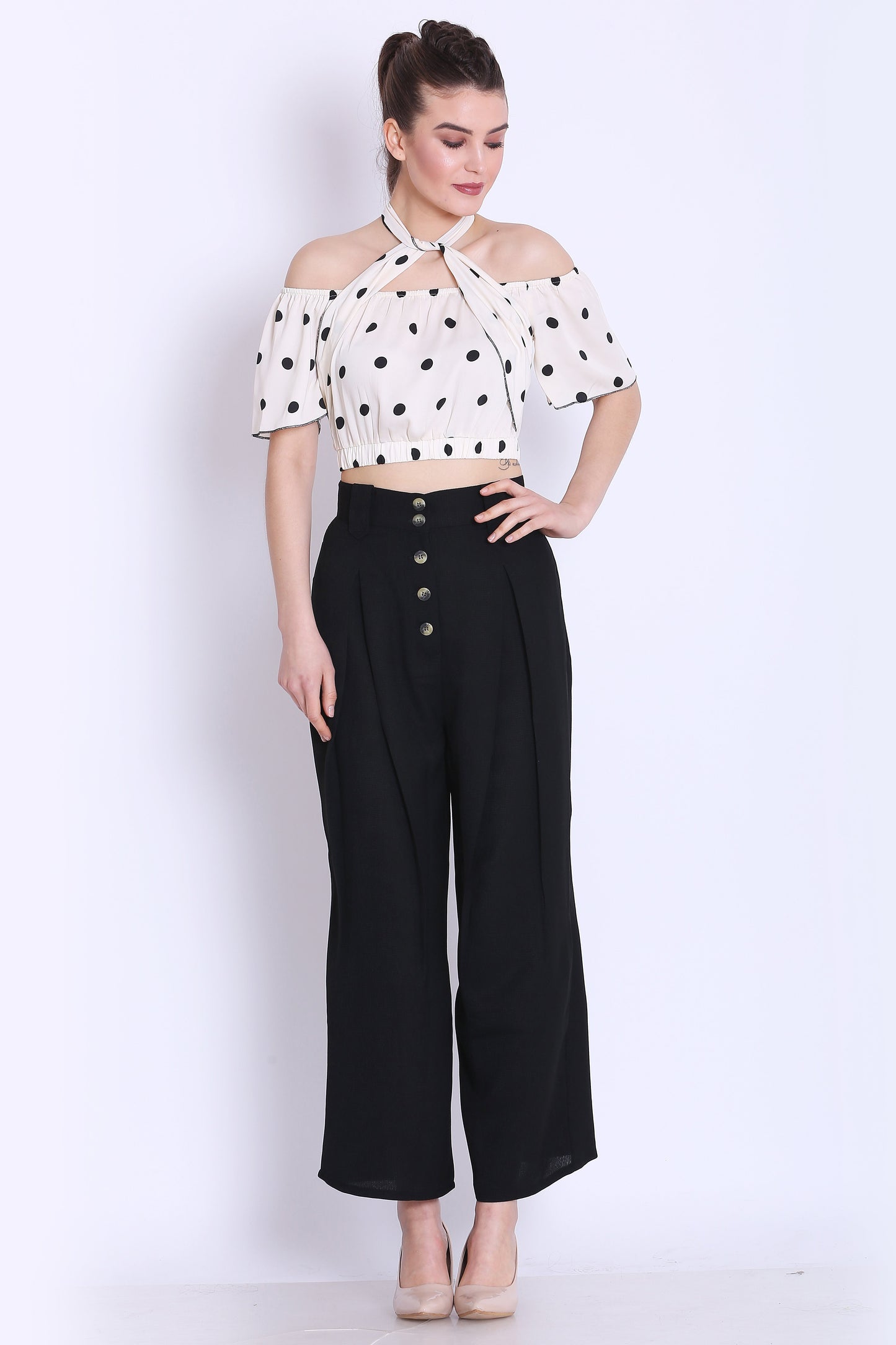 White Polka Crop Top and Black Pants Co ord Set