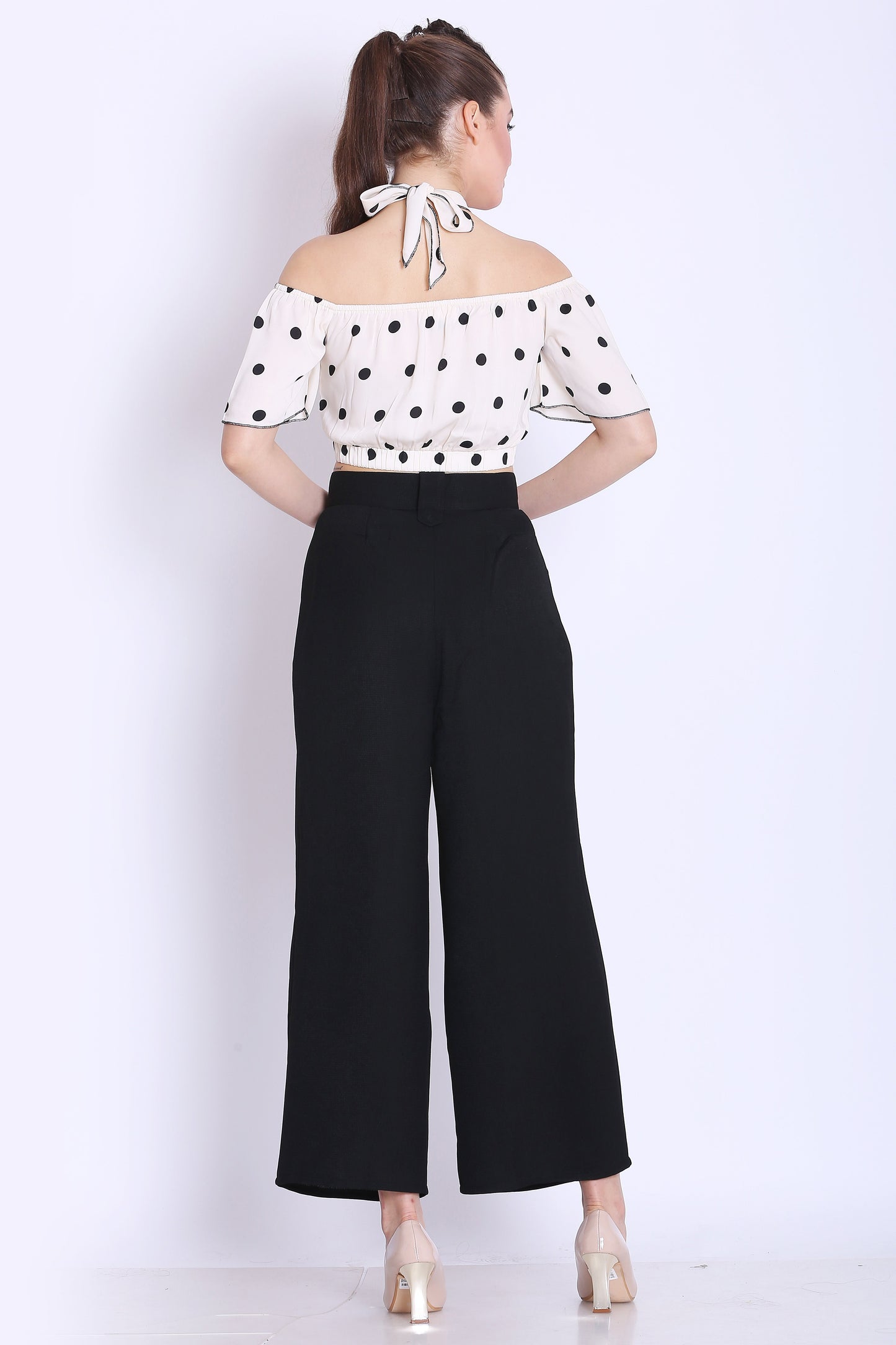 White Polka Crop Top and Black Pants Co ord Set