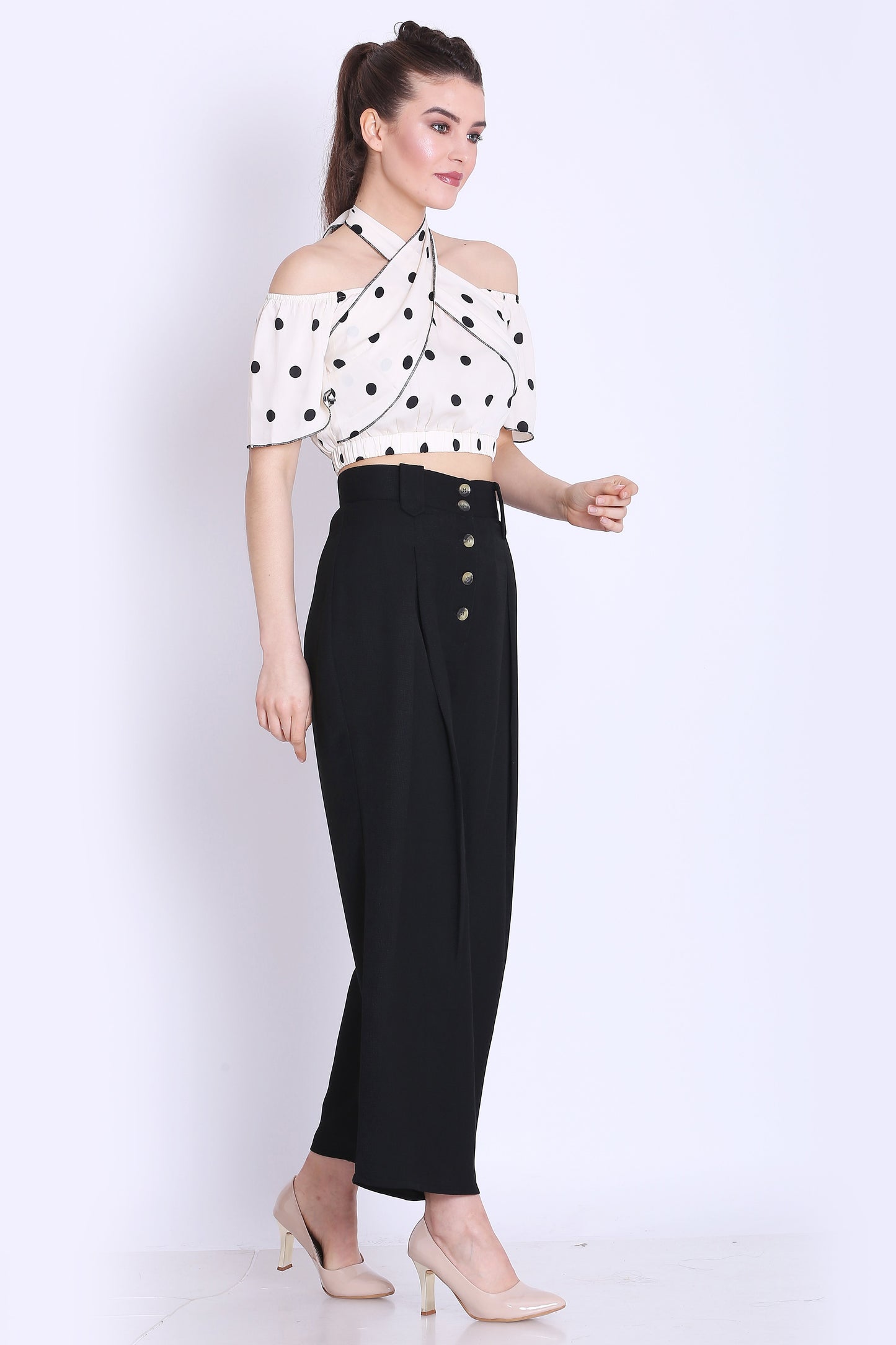 White Polka Crop Top and Black Pants Co ord Set
