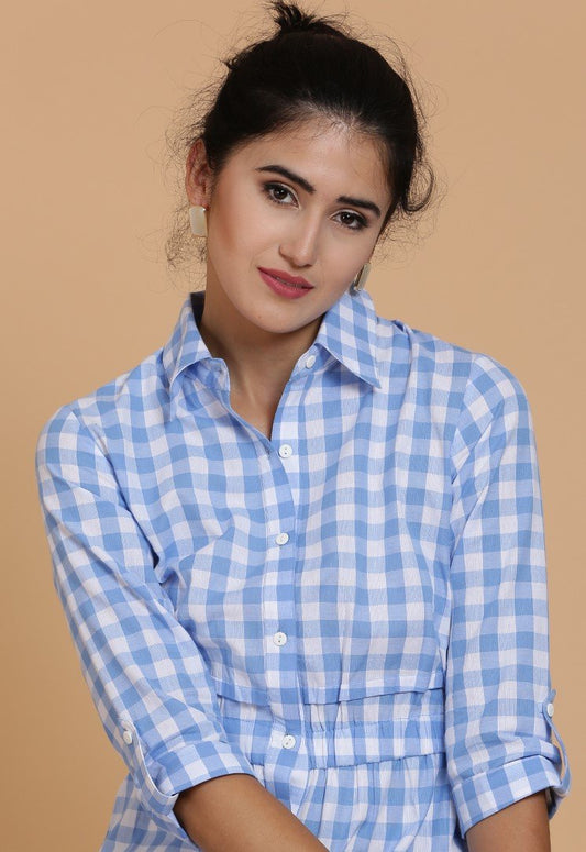 Sky blue and White Checks Short Dress