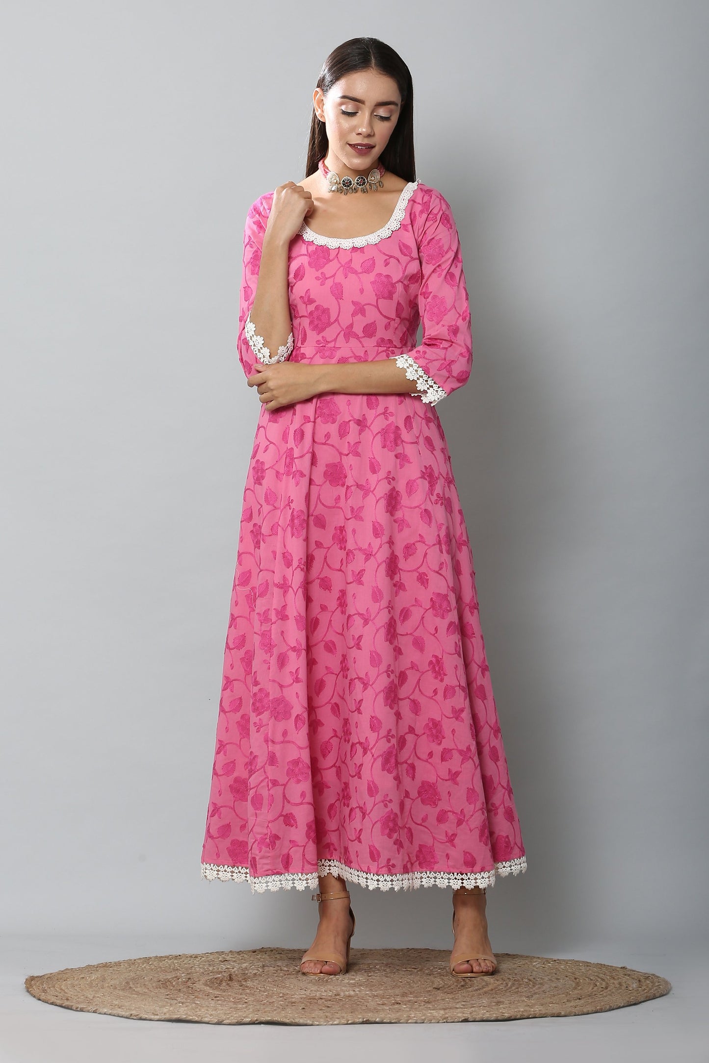 Fuschia Chain Stitch Embroidered Gown and Dupatta Set
