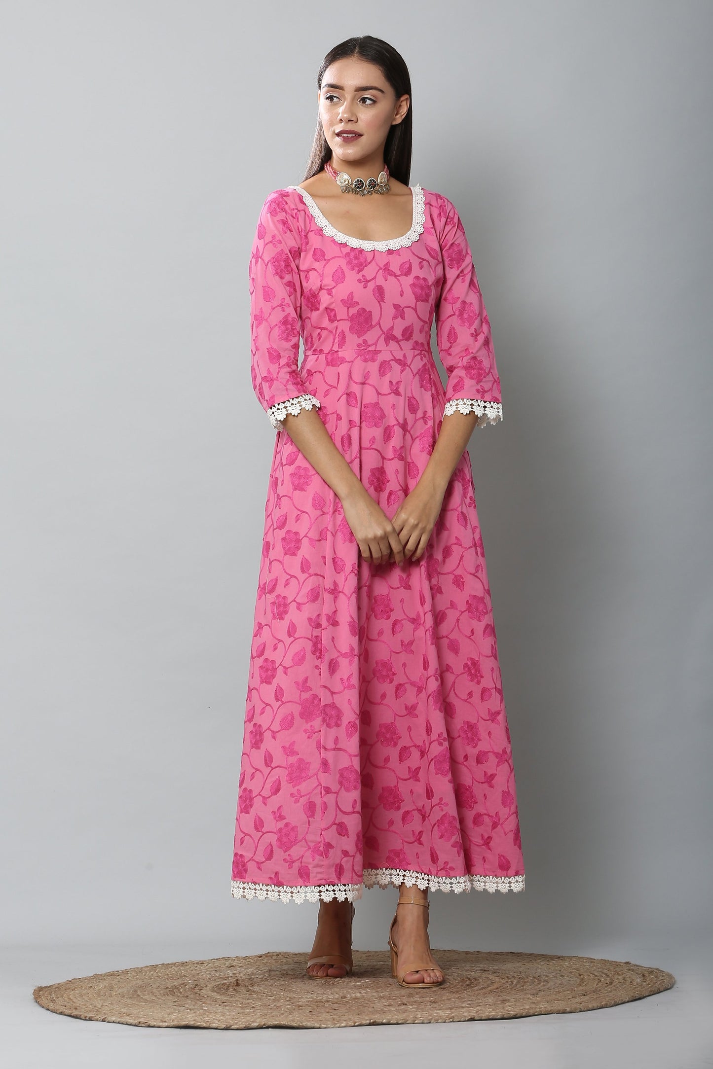 Fuschia Chain Stitch Embroidered Gown and Dupatta Set