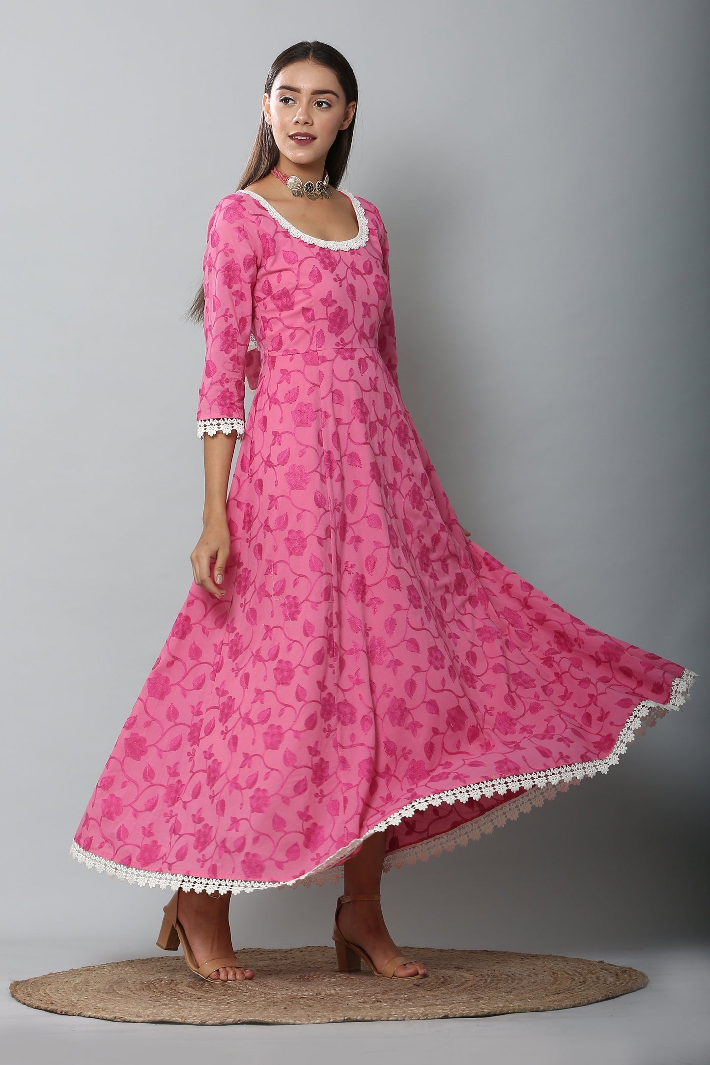 Fuschia Chain Stitch Embroidered Gown and Dupatta Set