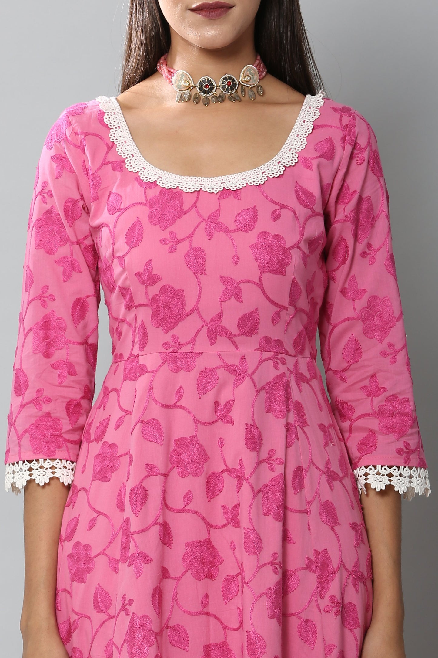 Fuschia Chain Stitch Embroidered Gown and Dupatta Set