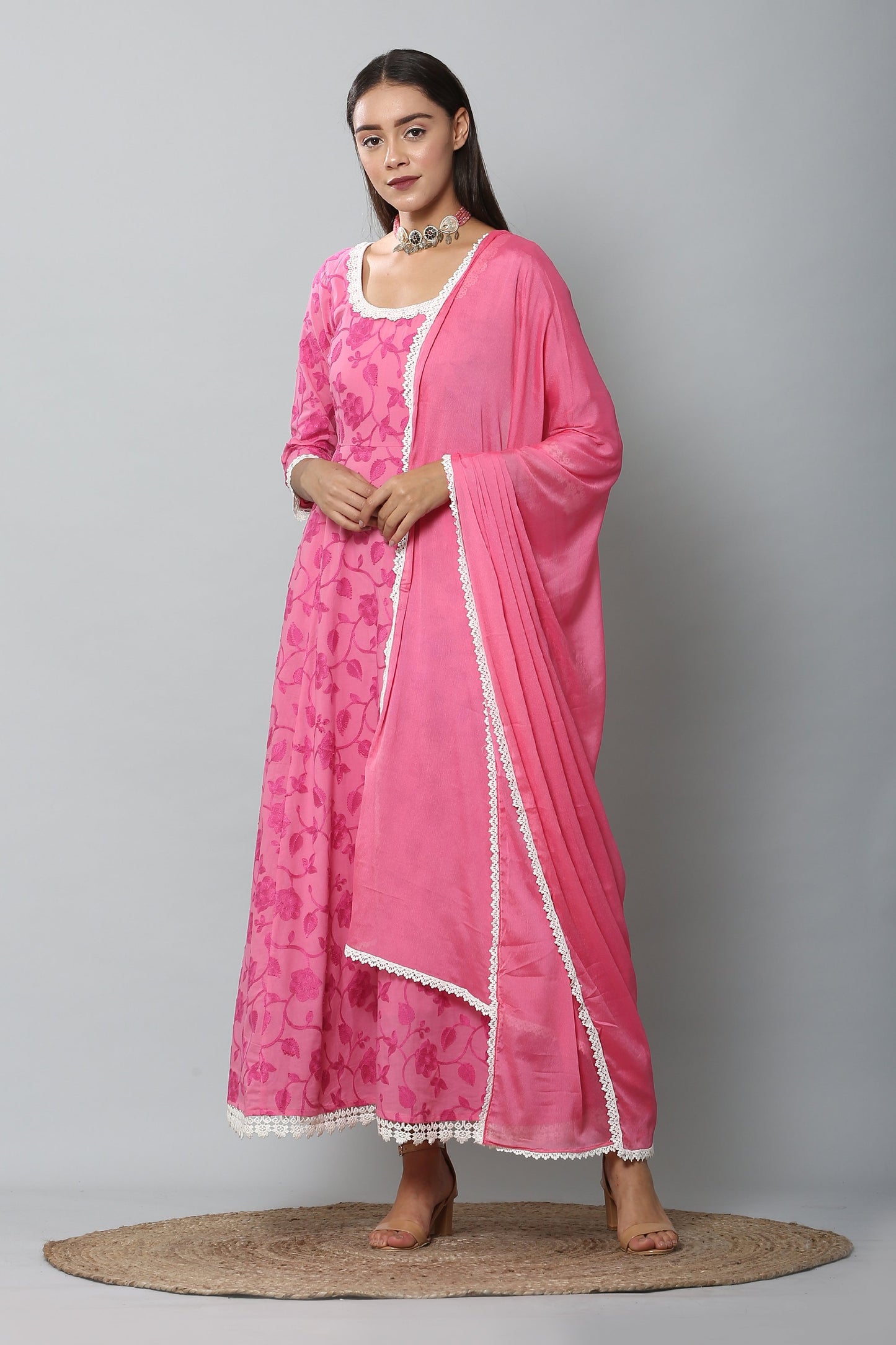 Fuschia Chain Stitch Embroidered Gown and Dupatta Set
