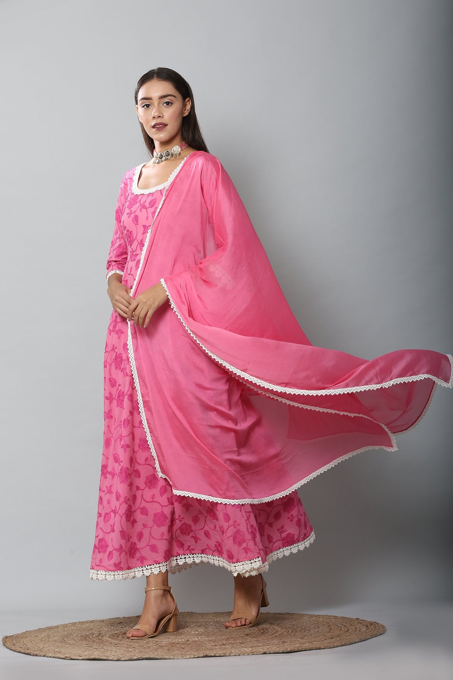 Fuschia Chain Stitch Embroidered Gown and Dupatta Set