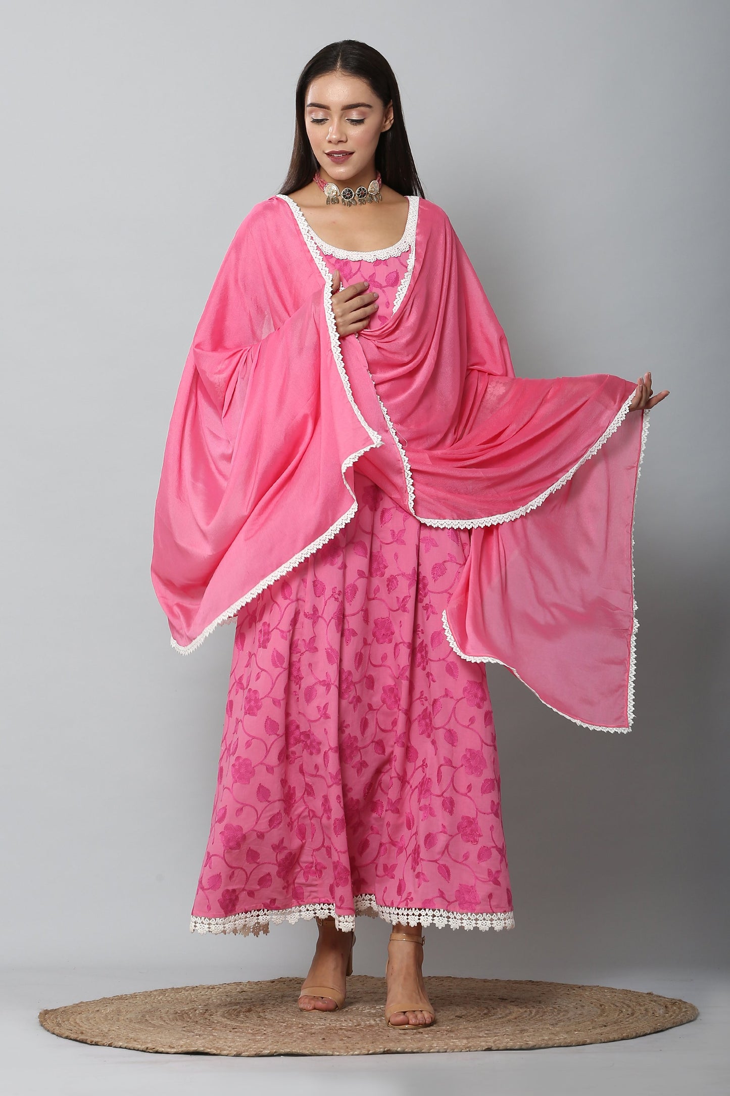 Fuschia Chain Stitch Embroidered Gown and Dupatta Set