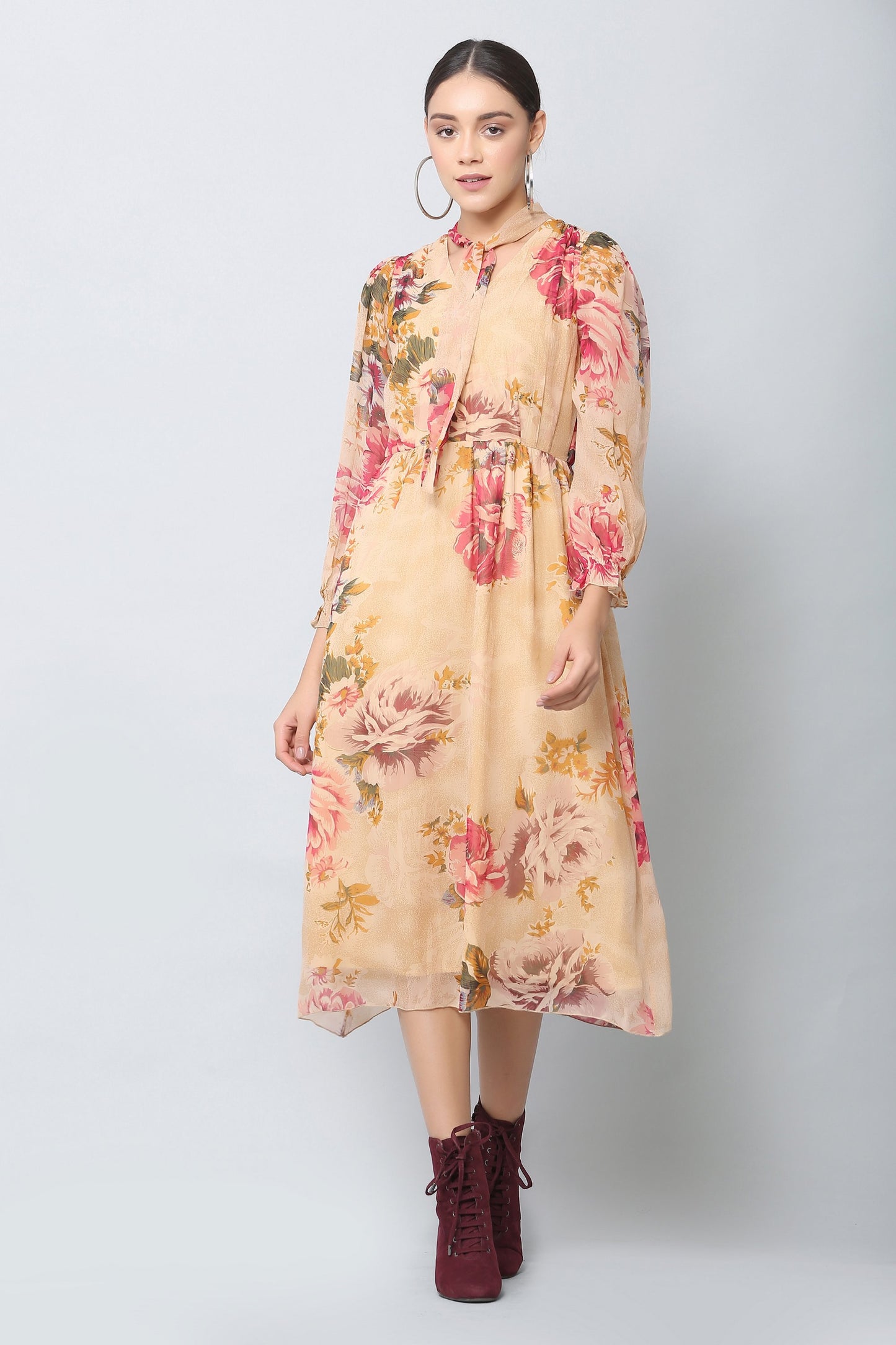 Beige Floral Midi Dress