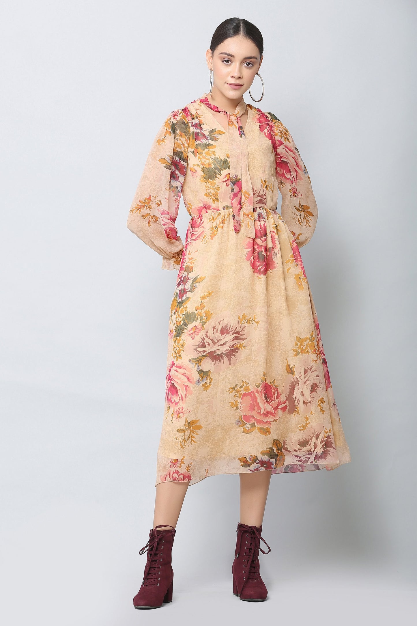 Beige Floral Midi Dress