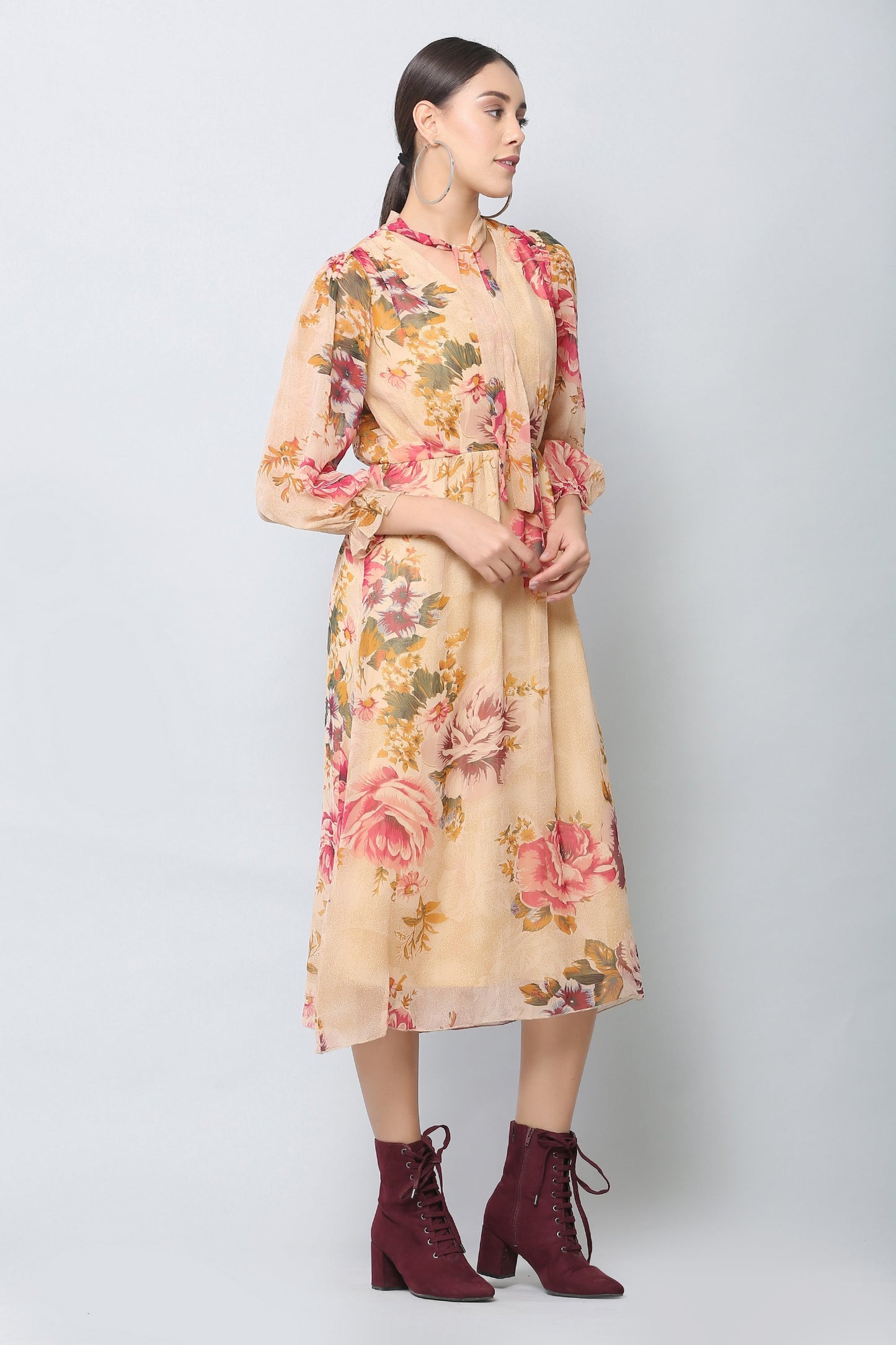 Beige Floral Midi Dress